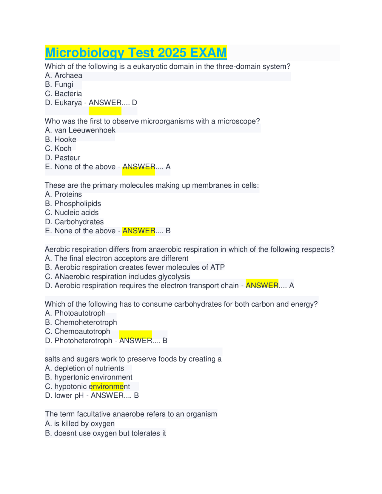Microbiology Test 2025: Multiple Choice Questions and Answers | Exams Nursing | Docsity