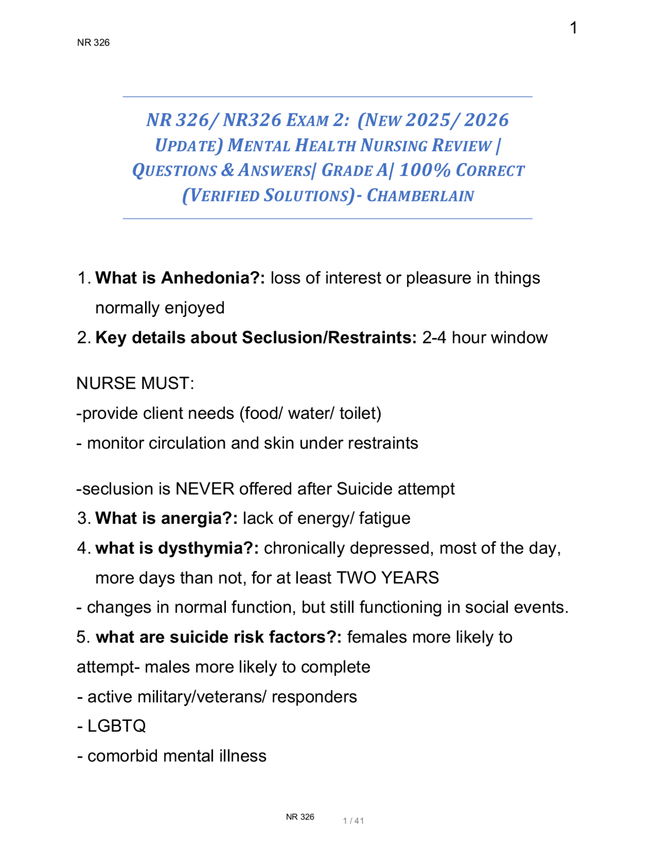 NR 326/ NR326 EXAM 2: (NEW 2025/ 2026 UPDATE) MENTAL HEALTH NURSING ...