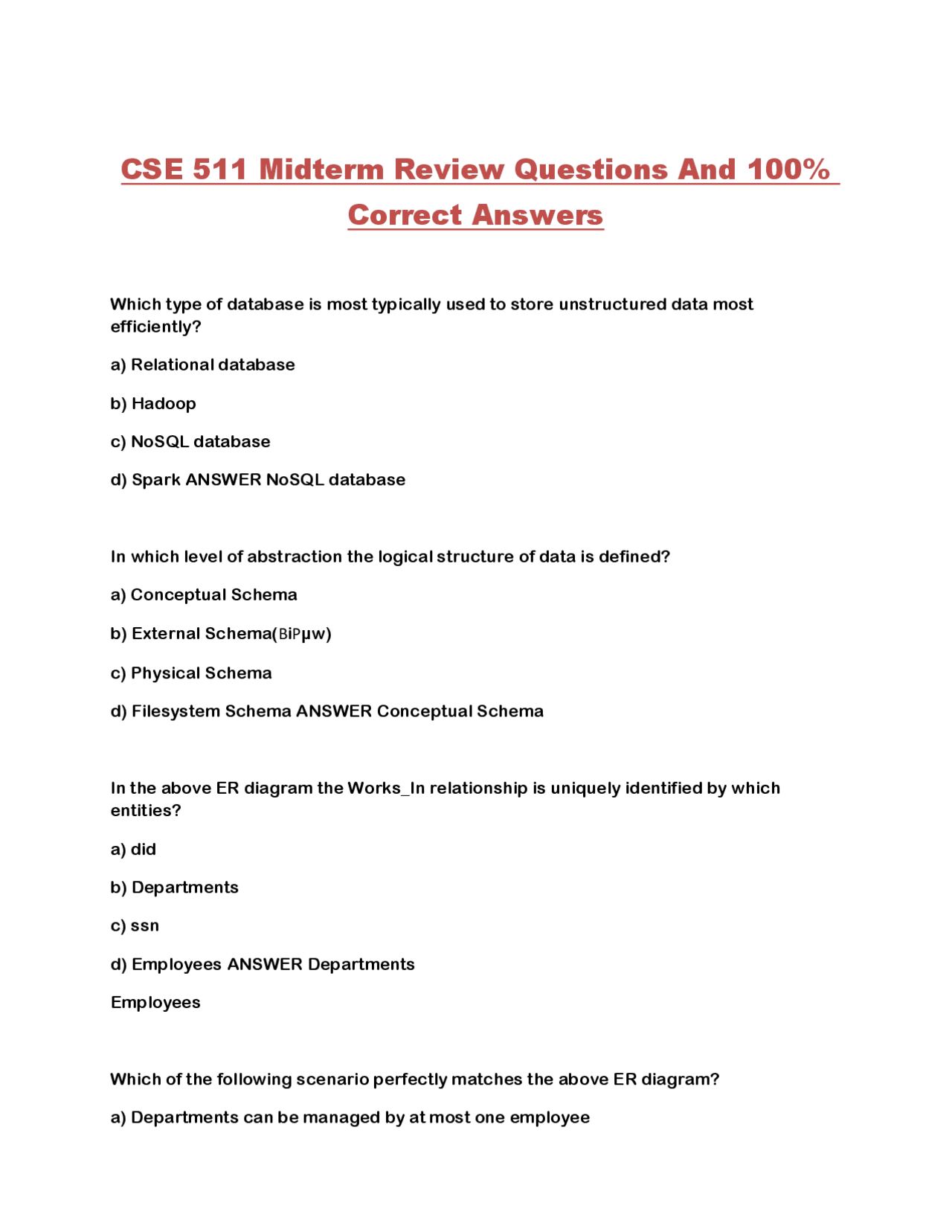 CSE 511 Midterm Review Questions and Answers: Database Management ...