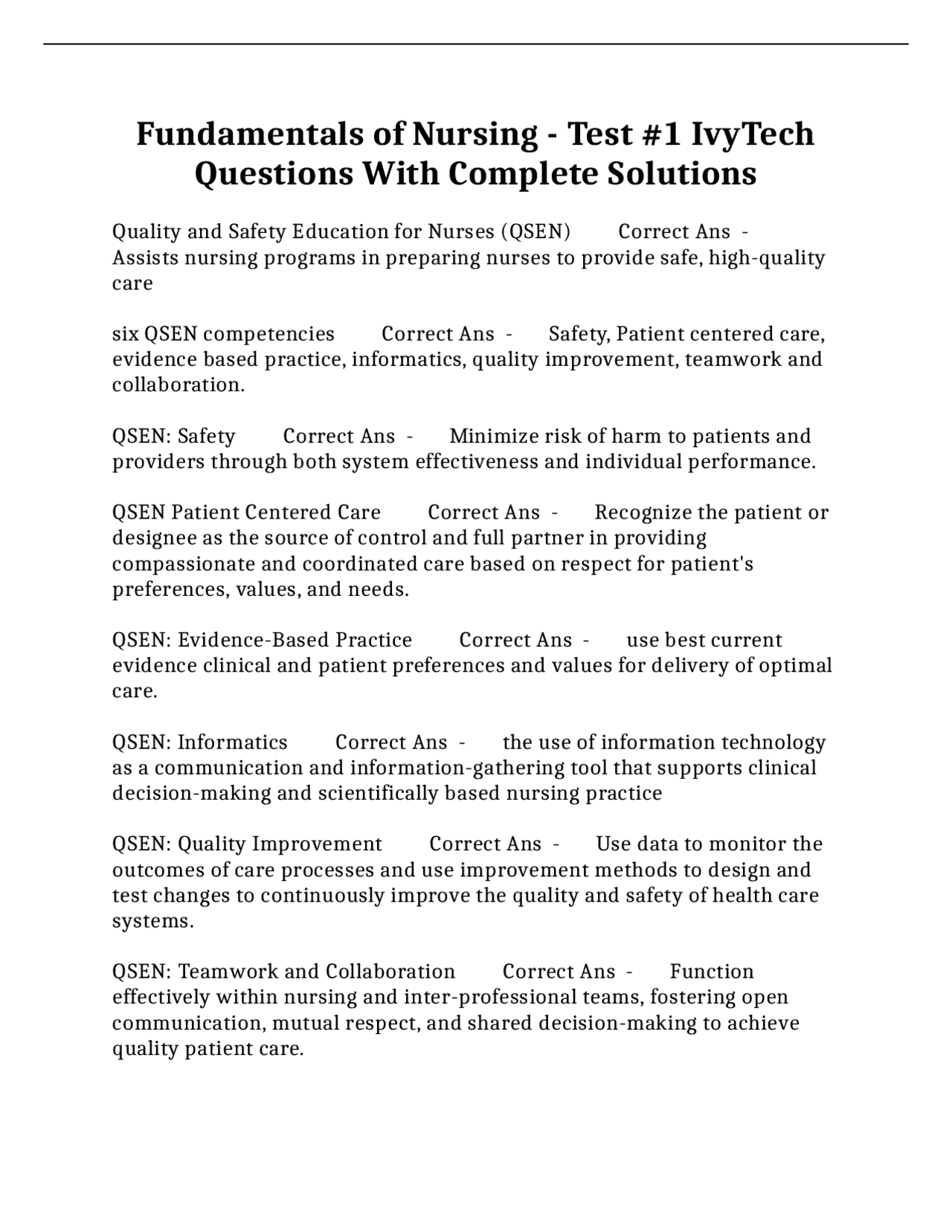 Fundamentals of Nursing - Test #1 IvyTech: Questions With Complete ...