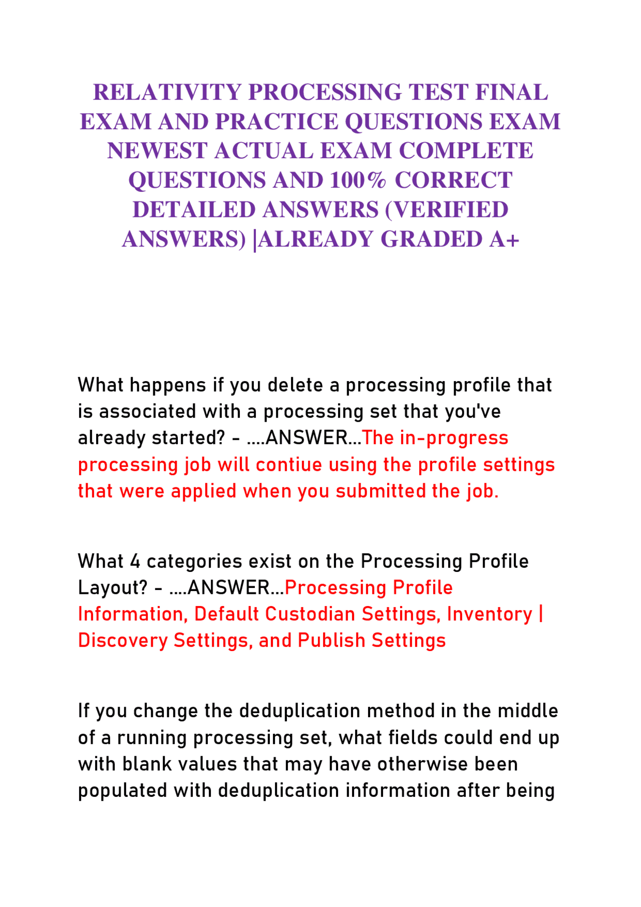 RELATIVITY PROCESSING TEST FINAL EXAM AND PRACTICE QUESTIONS EXAM ...