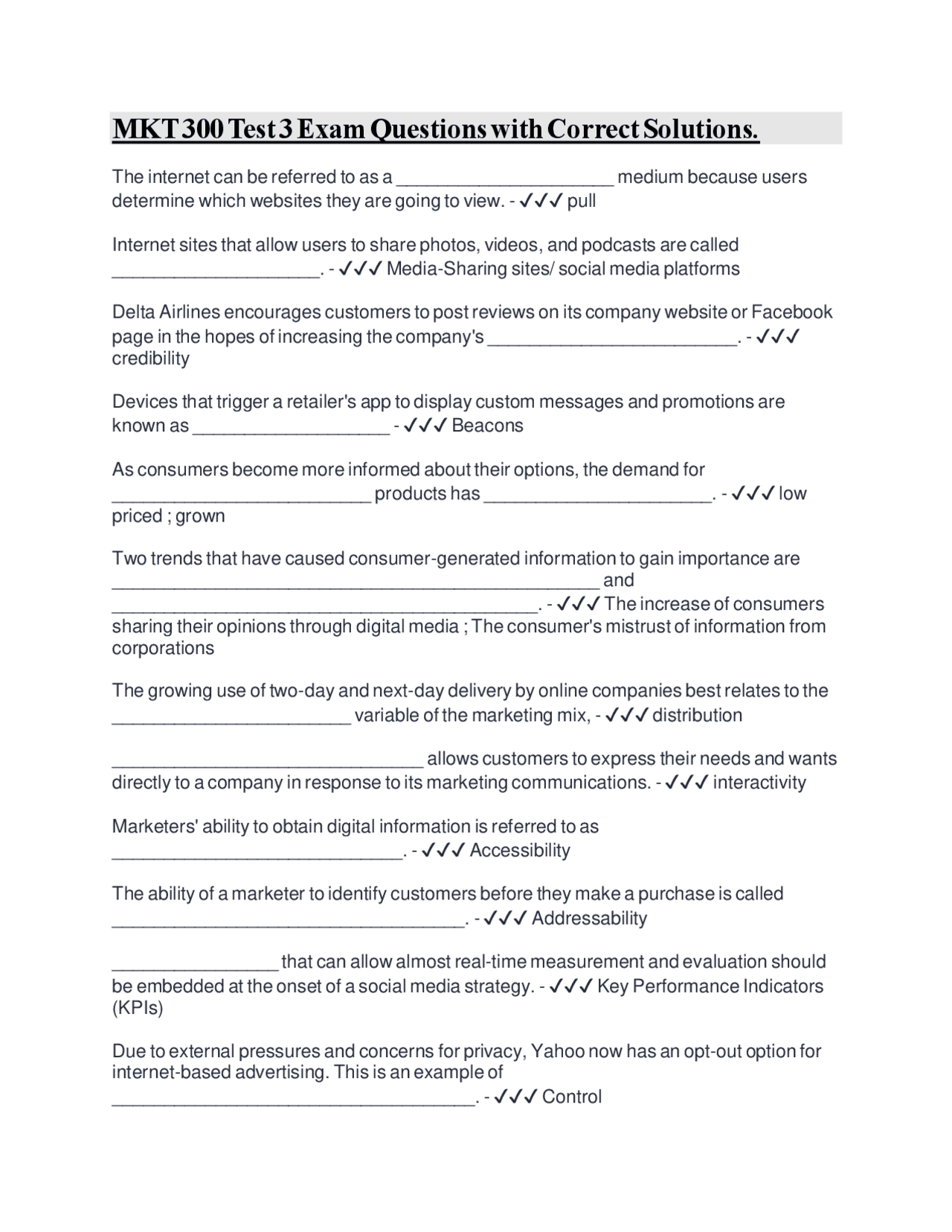 MKT 300 Test 3 Exam Questions with Correct Solutions: Marketing ...