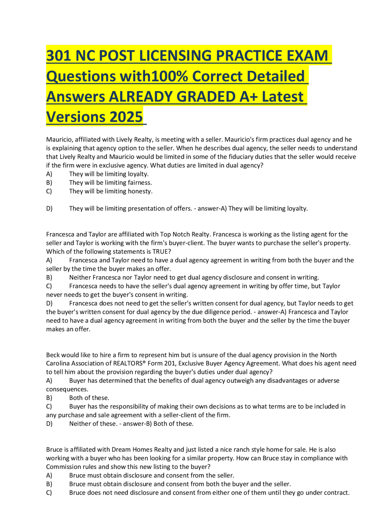 Practice Post Test 301 NC POST LICENSING PRACTICE EXAM Questions with100% Correct Detailed ...