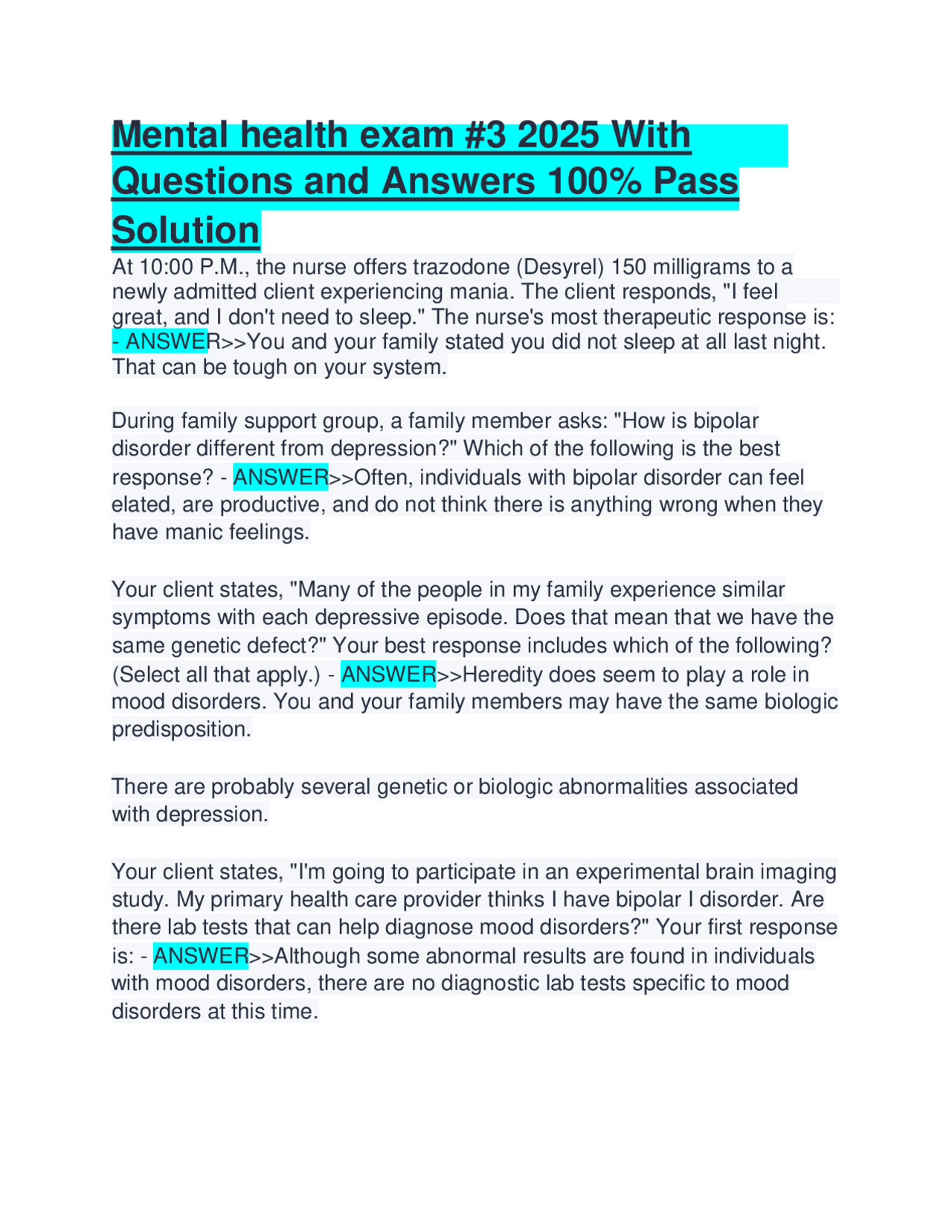 Mental Health Exam #3: Questions and Answers for 100% Pass | Exams ...