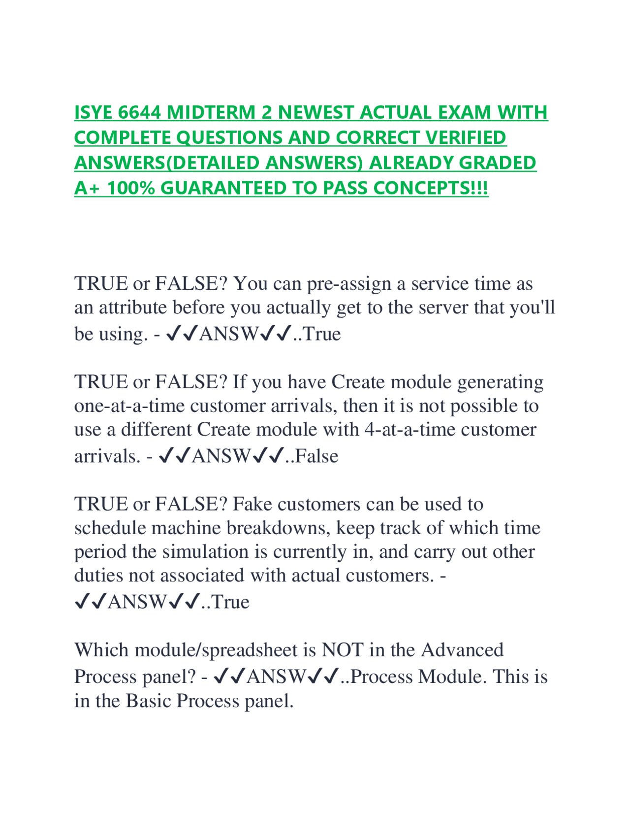ISYE 6644 MIDTERM 2 NEWEST ACTUAL EXAM WITH COMPLETE QUESTIONS AND ...