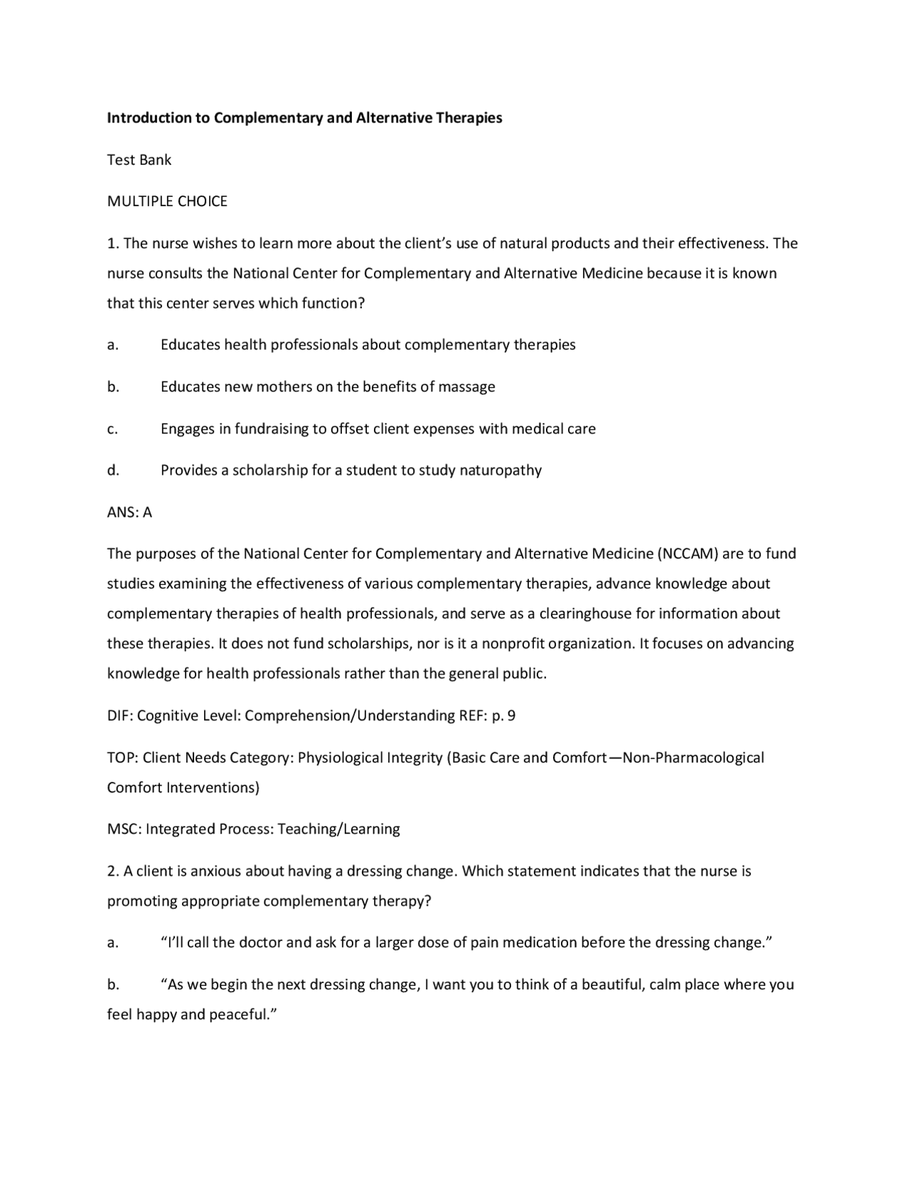 Introduction to Complementary and Alternative Therapies: Test Bank ...
