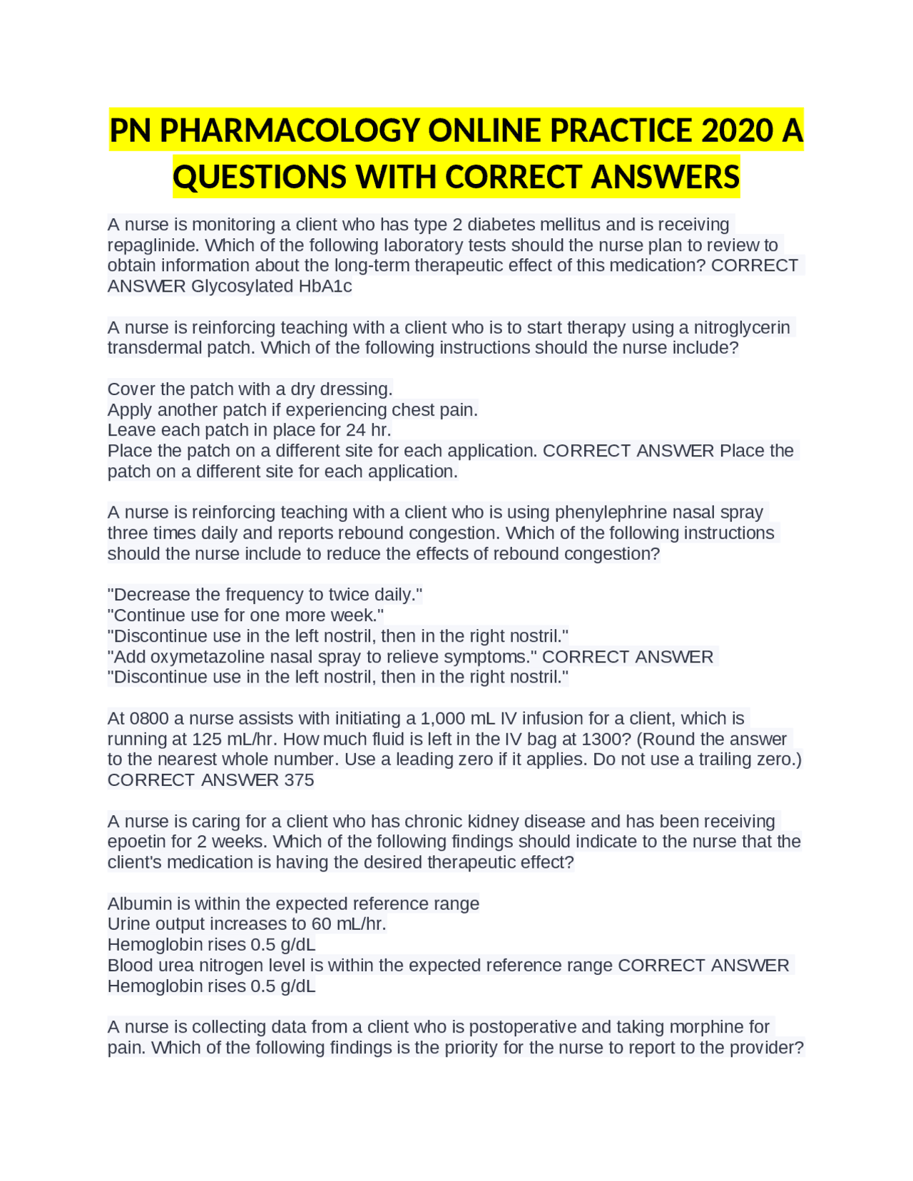 PN PHARMACOLOGY ONLINE PRACTICE 2020 A QUESTIONS WITH CORRECT ANSWERS ...