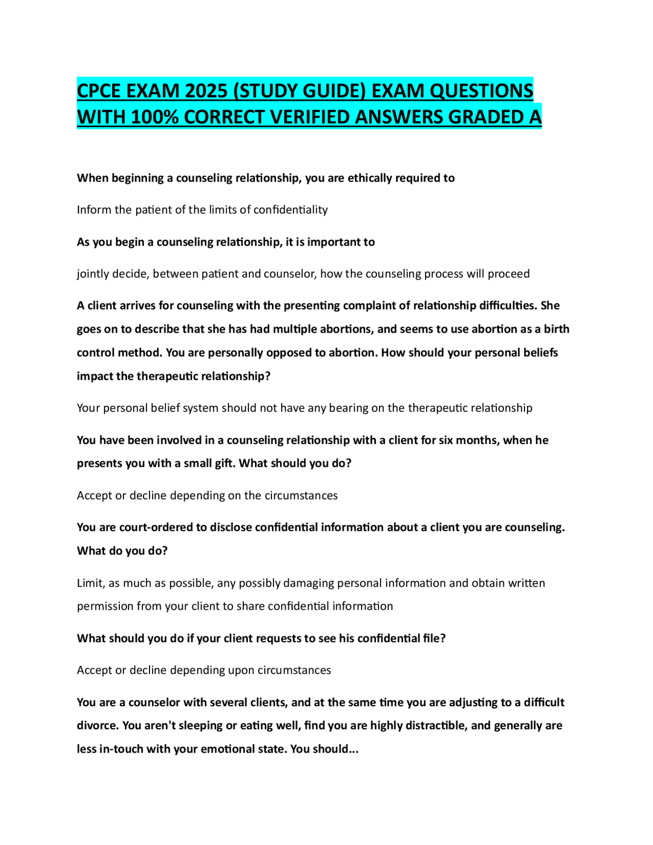 CPCE EXAM 2025 (STUDY GUIDE) EXAM QUESTIONS WITH 100% CORRECT VERIFIED ...