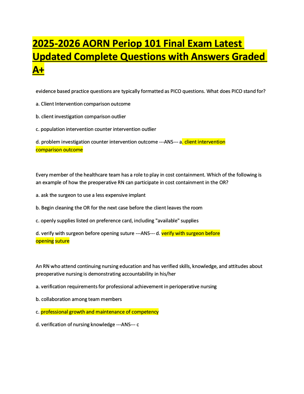 2025-2026 AORN Periop 101 Final Exam Latest Updated Complete Questions ...