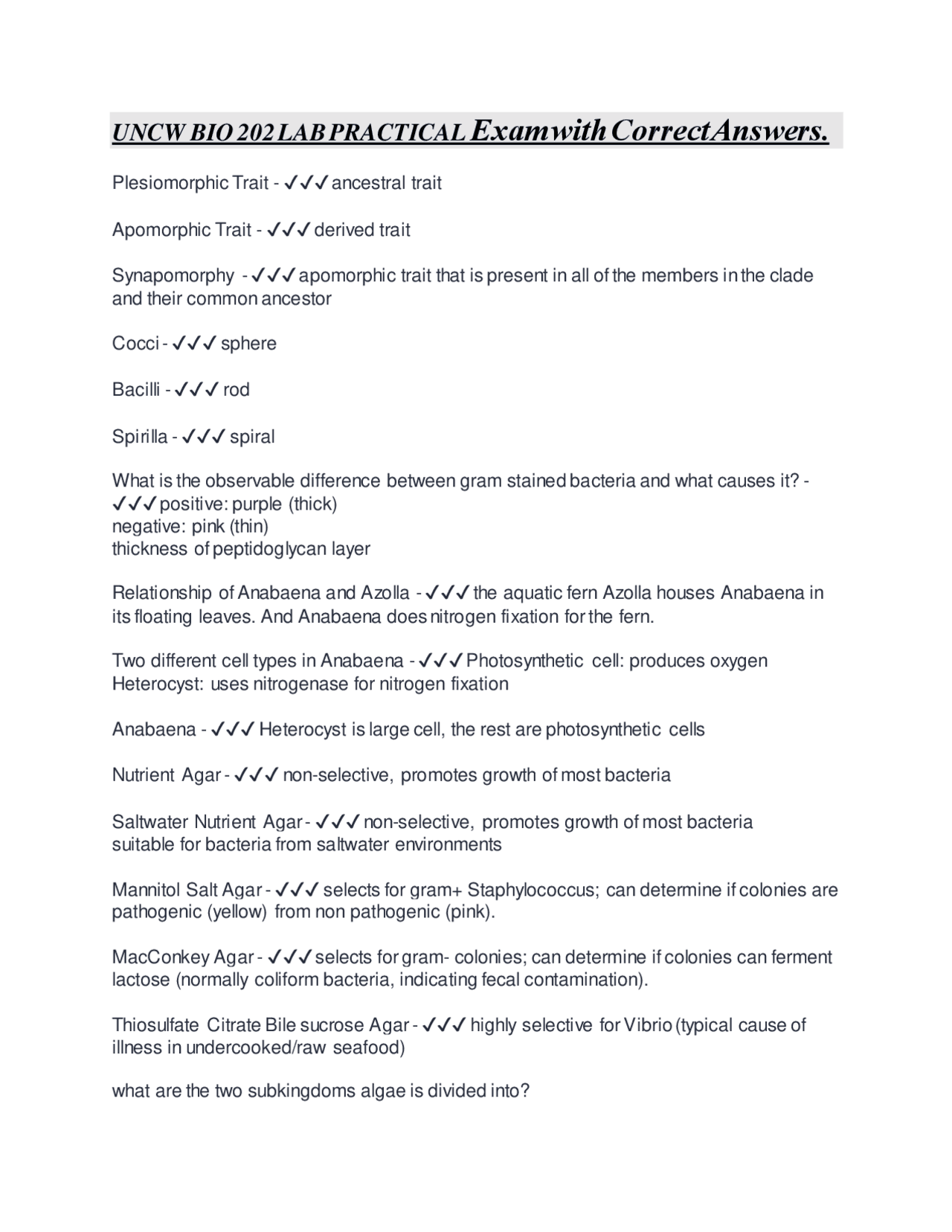 UNCW BIO 202 LAB PRACTICAL Exam with Correct Answers. | Exams ...