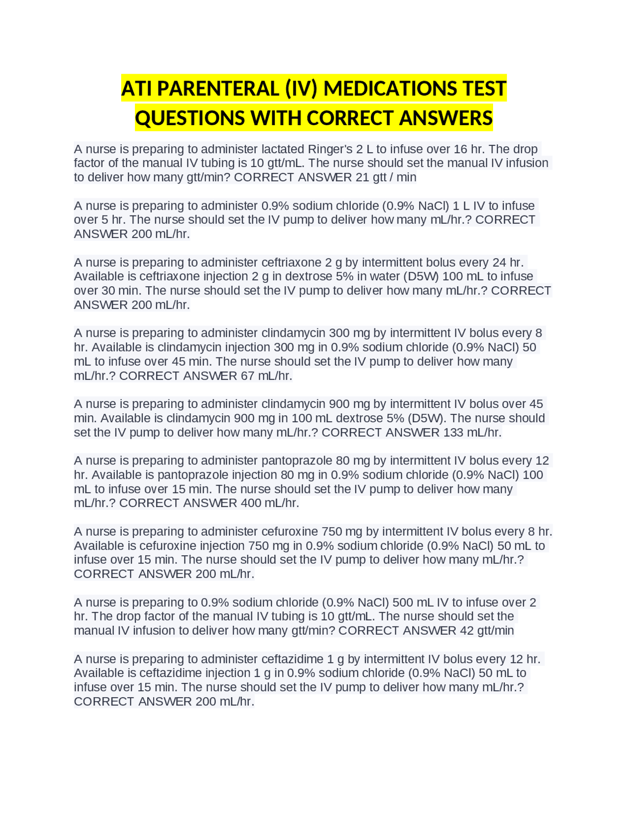 ATI Parenteral (IV) Medications Test: Practice Questions and Answers ...