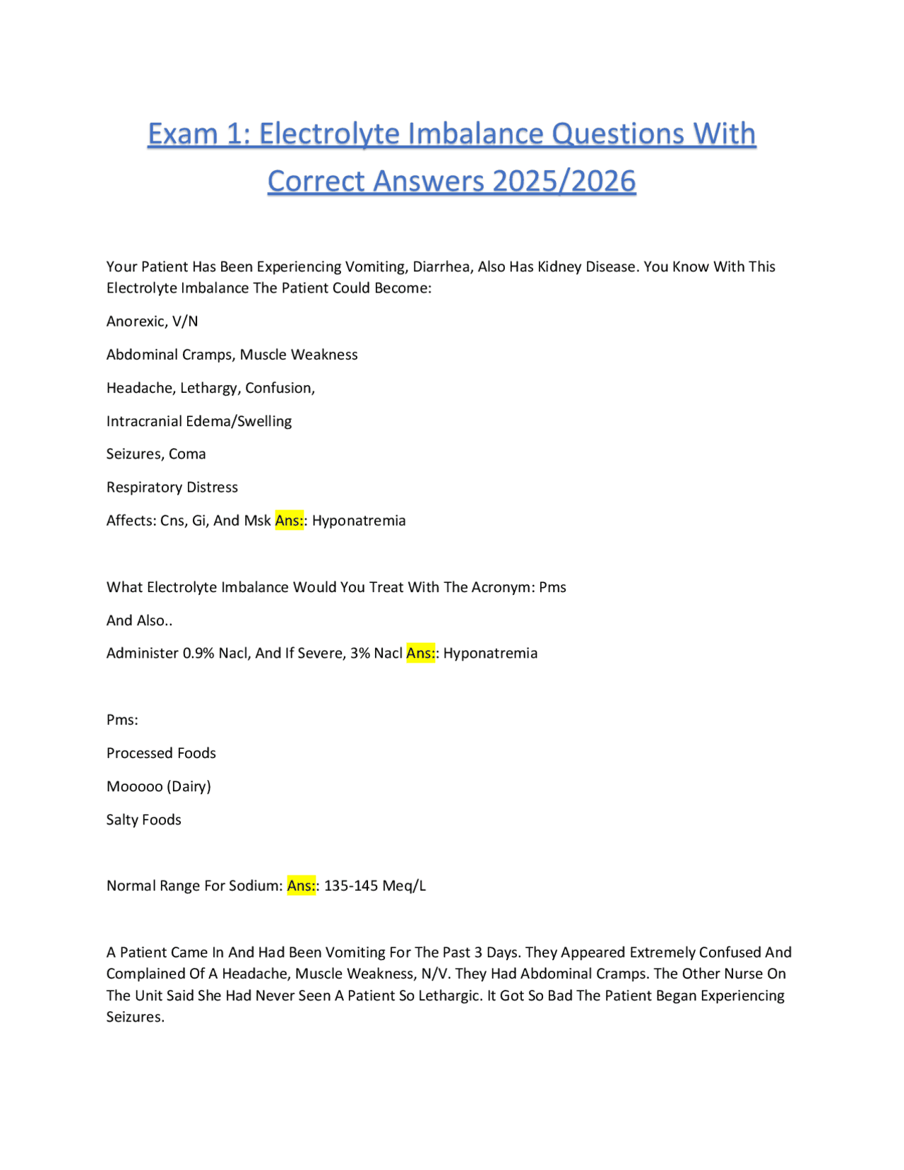 Electrolyte Imbalances: A Comprehensive Guide with Exercises and ...