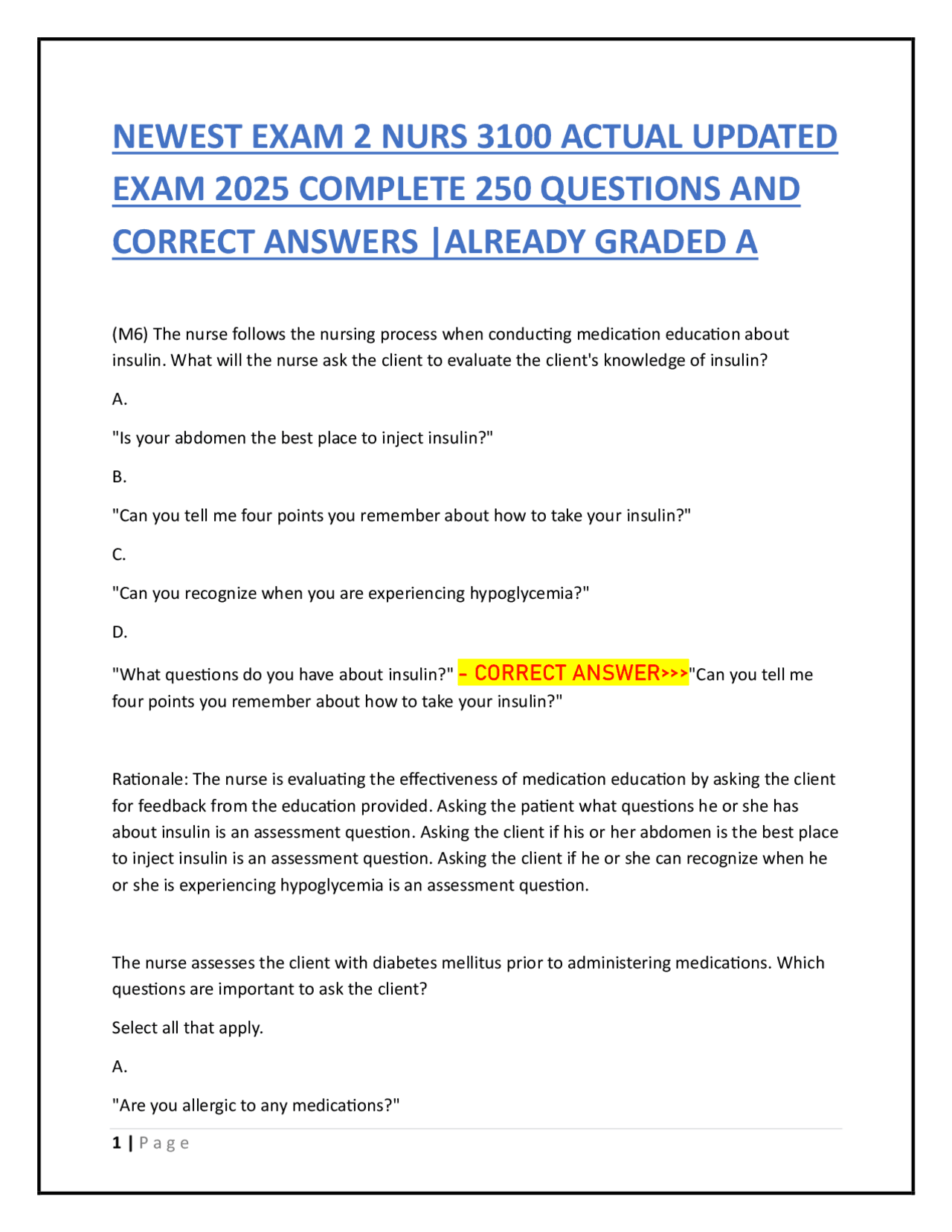 NEWEST EXAM 2 NURS 3100 ACTUAL UPDATED EXAM 2025 COMPLETE 250 QUESTIONS ...
