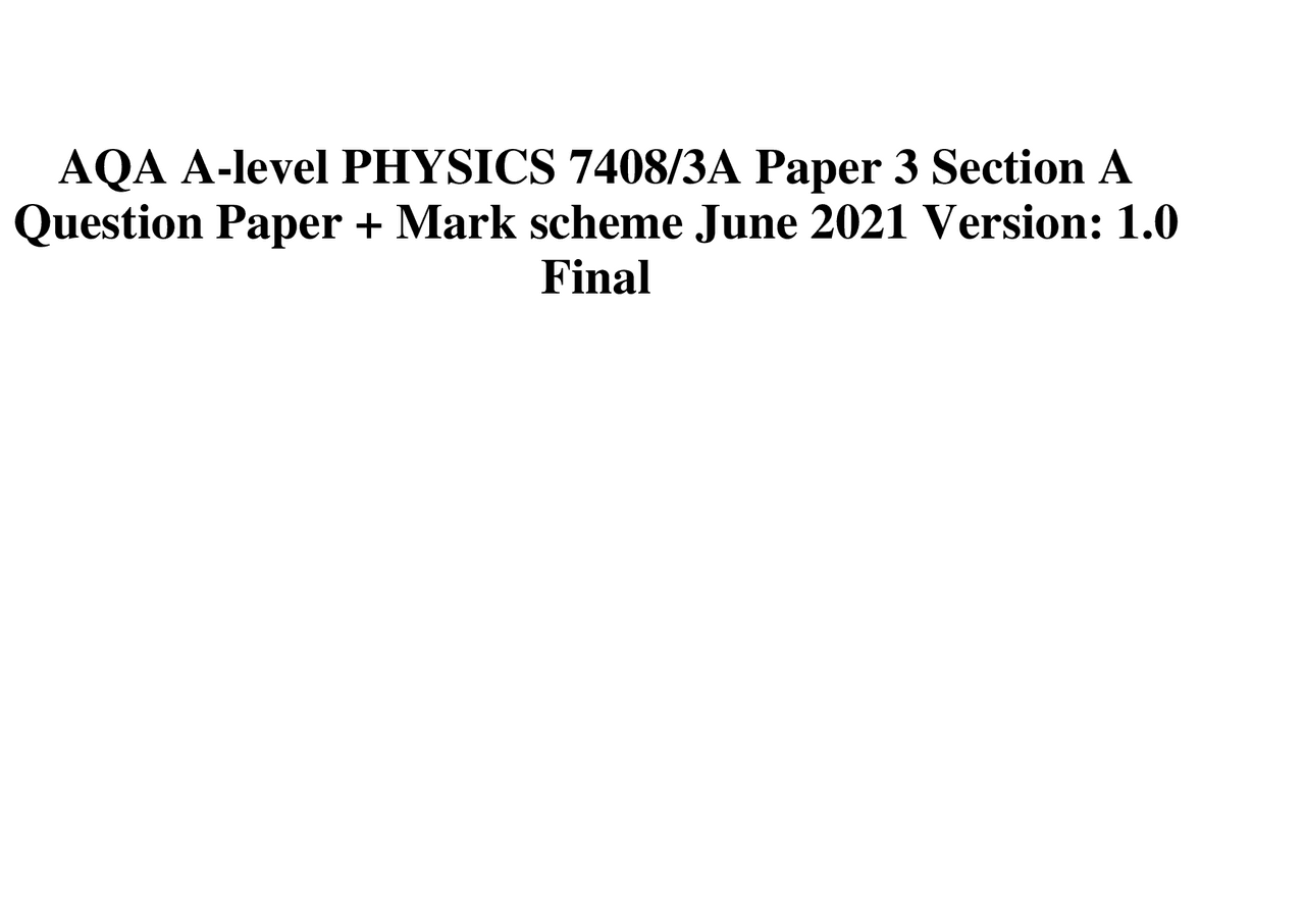AQA A-level PHYSICS 7408/3A Paper 3 Section A Question Paper + Mark ...