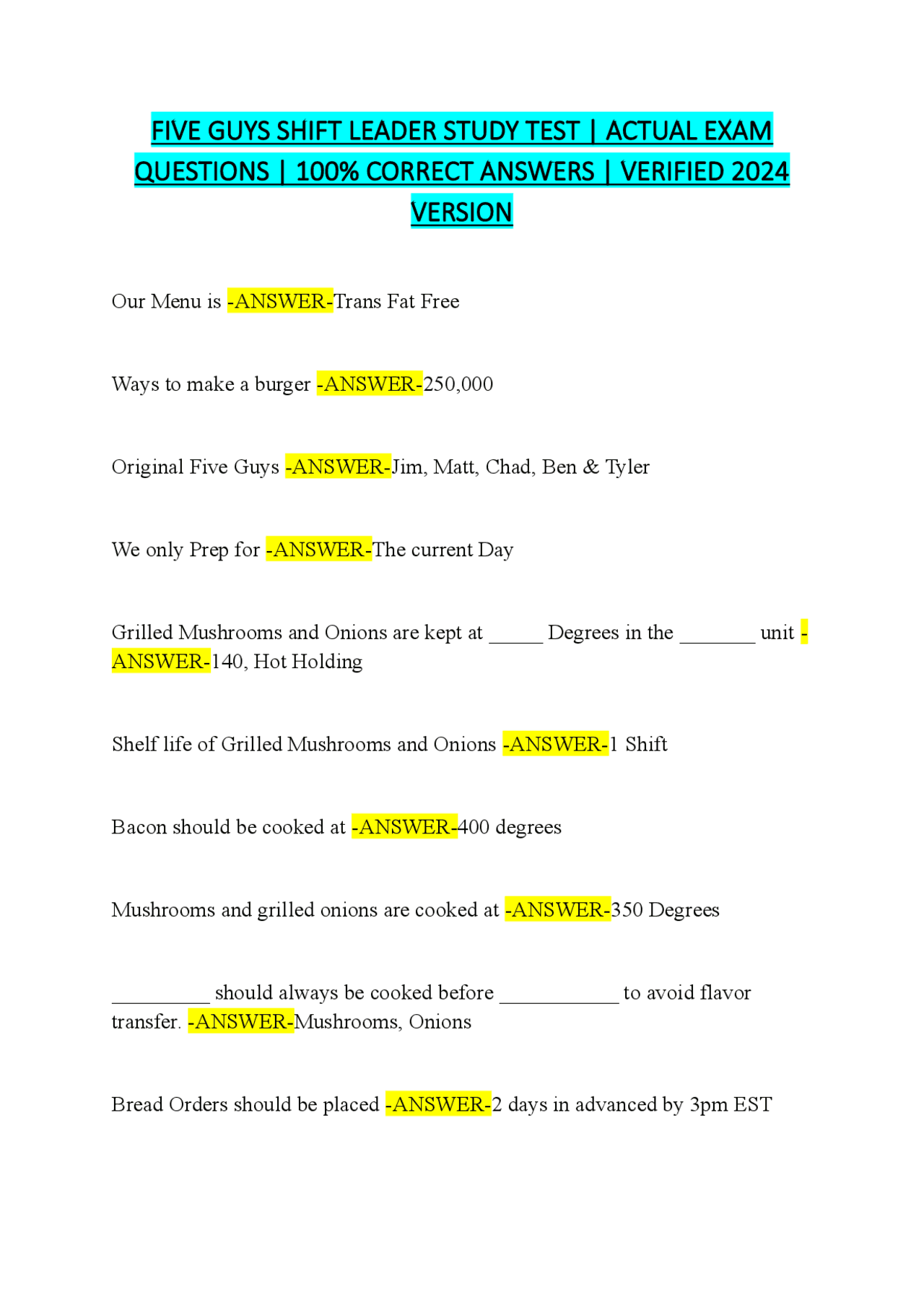 Shift Five Guys FIVE GUYS SHIFT LEADER STUDY TEST ACTUAL EXAM QUESTIONS 100% CORRECT ...