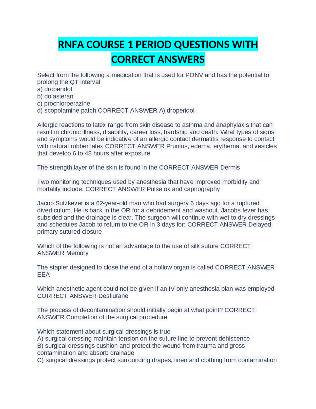 RNFA COURSE 1 PERIOD QUESTIONS WITH CORRECT ANSWERS | Exams Advanced ...