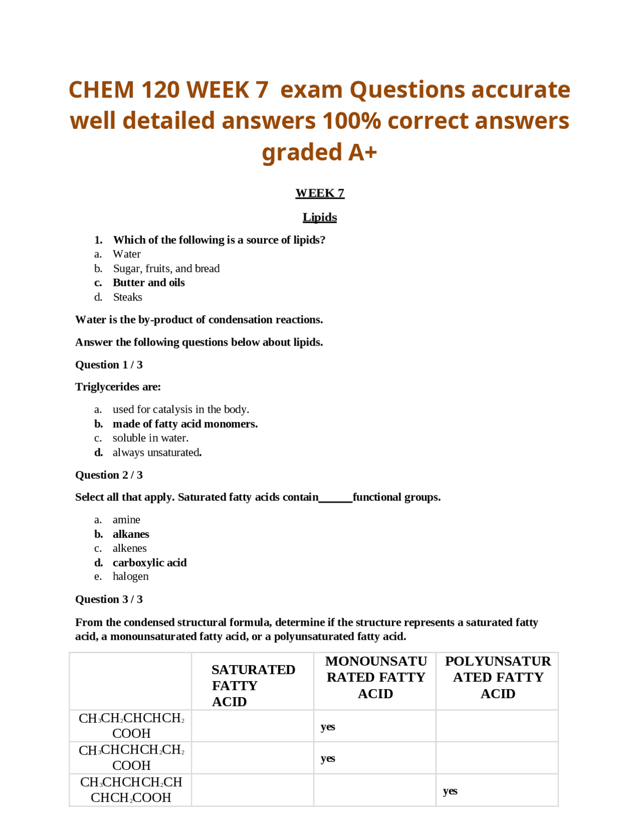 CHEM 120 WEEK 7 exam Questions accurate well detailed answers 100% ...
