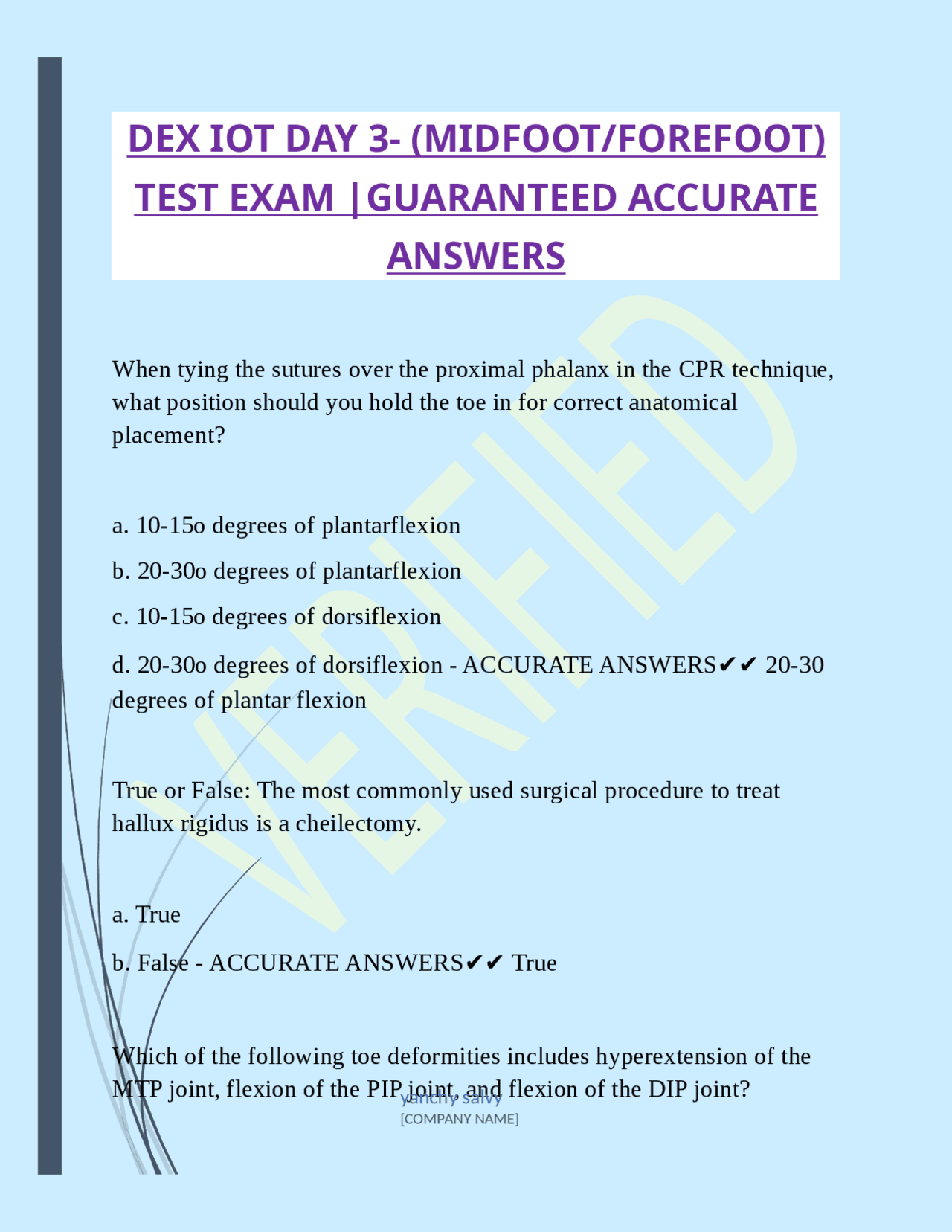 DEX IOT DAY 3 (MIDFOOT/FOREFOOT) TEST EXAM GUARANTEED ACCURATE