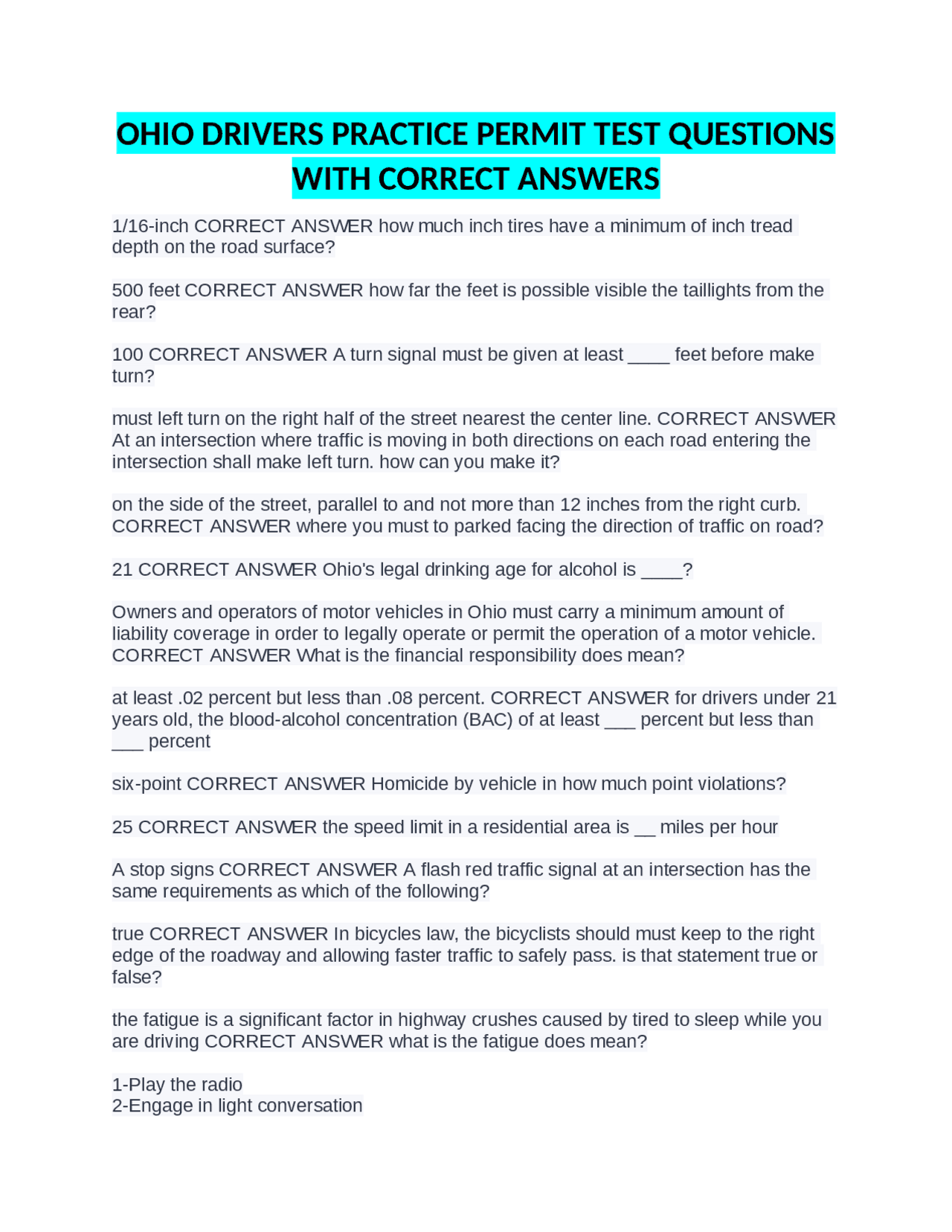 OHIO DRIVERS PRACTICE PERMIT TEST QUESTIONS WITH CORRECT ANSWERS ...