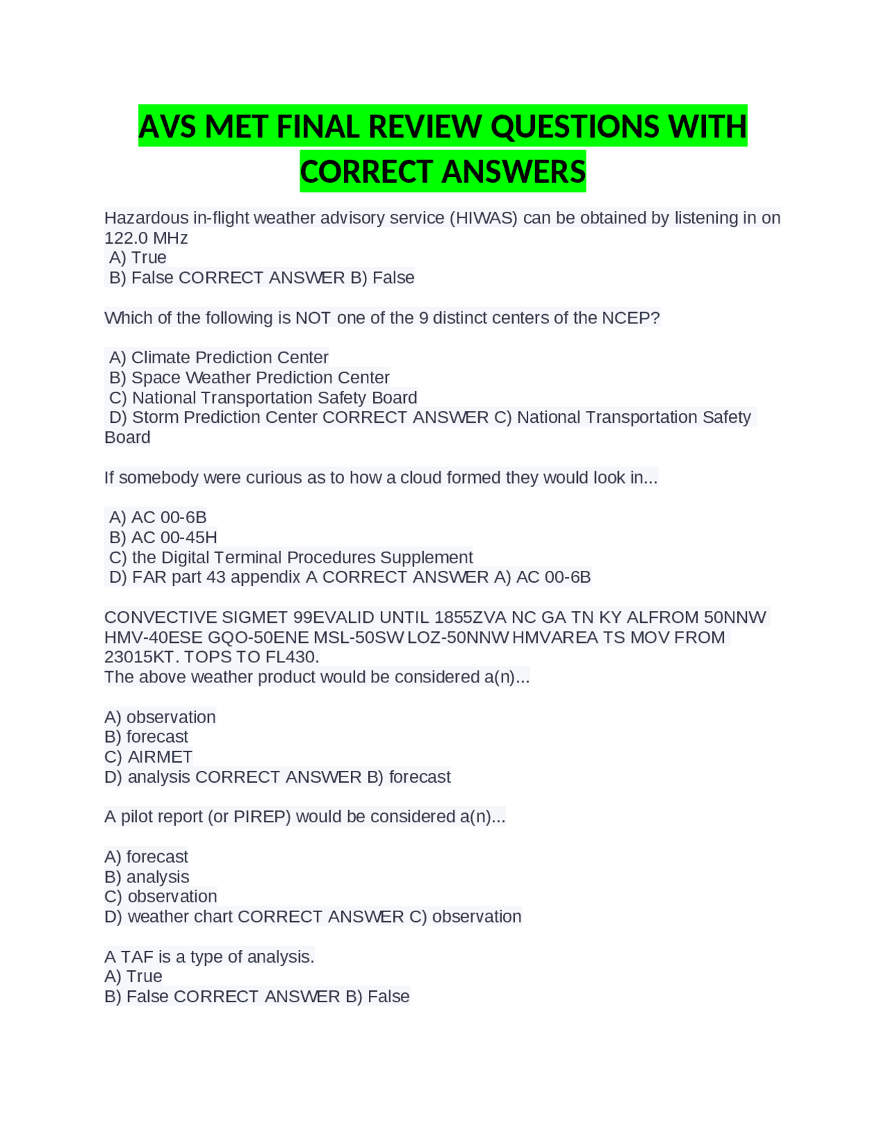 Aviation Meteorology Final Review Questions with Correct Answers ...