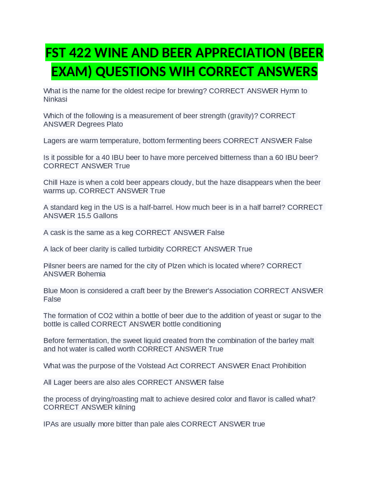 FST 422 Wine and Beer Appreciation (Beer Exam) Questions with Correct ...