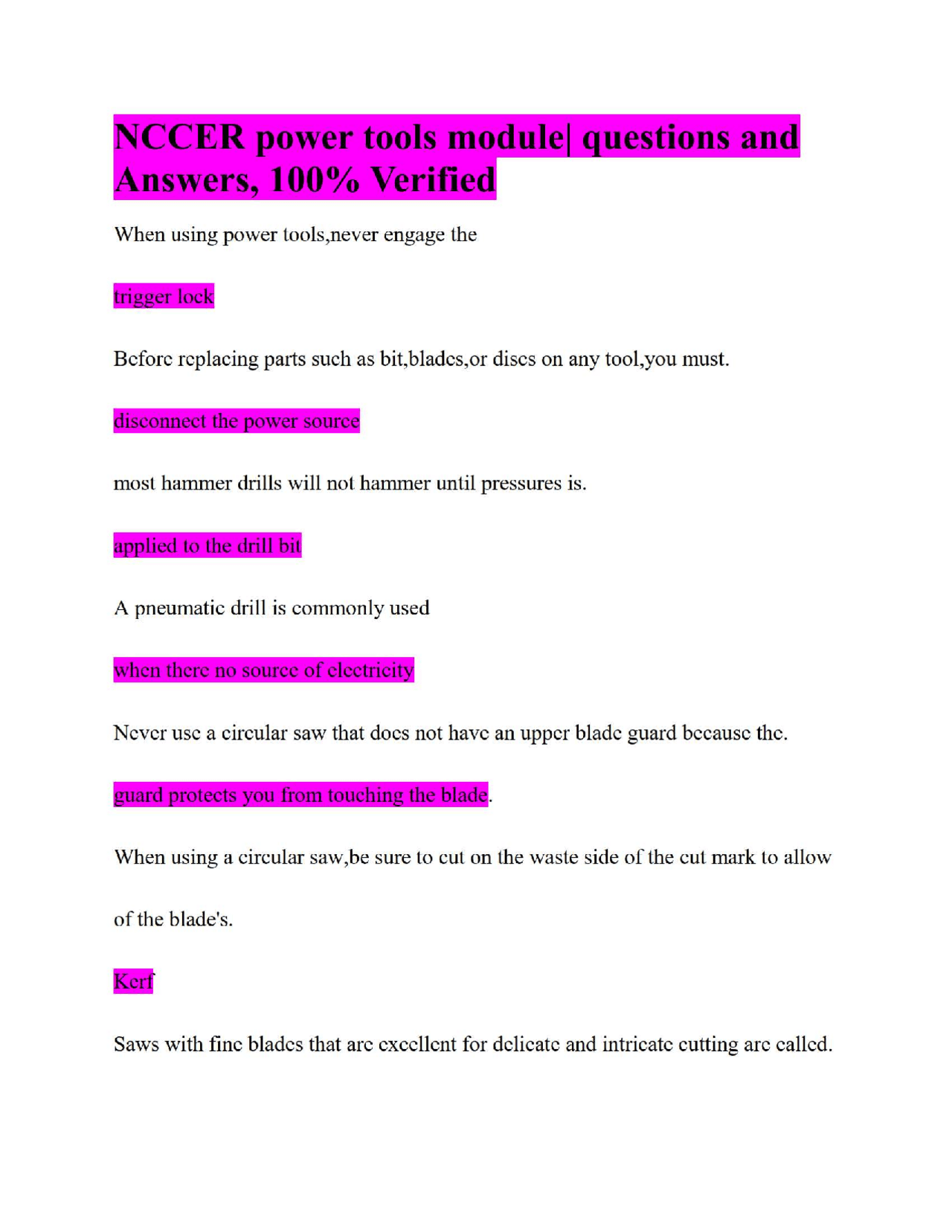 Nccer Power Tools Module Questions And Answers 100 Verified Exams