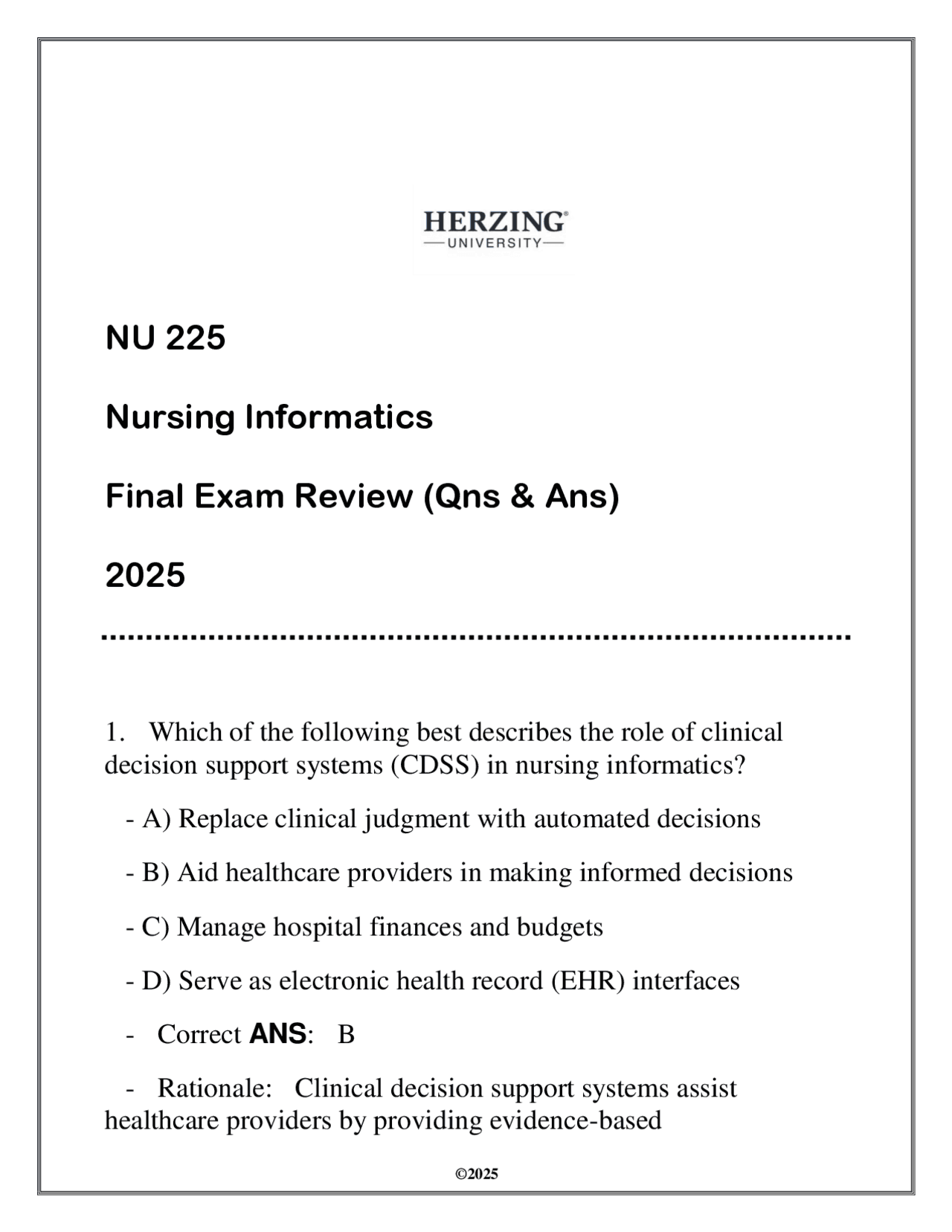 Nursing Informatics Final Exam Review: Questions and Answers | Exams ...
