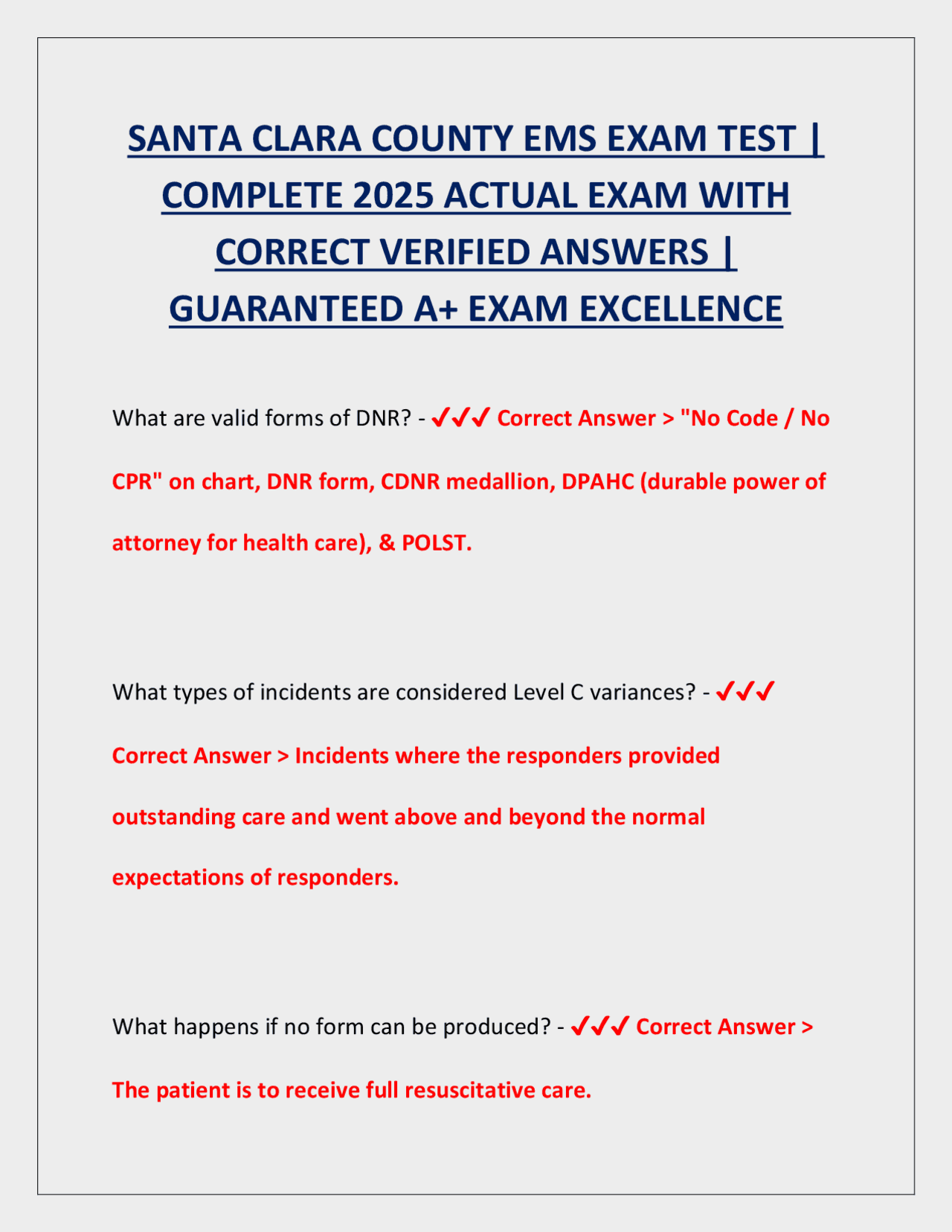 SANTA CLARA COUNTY EMS EXAM TEST | COMPLETE 2025 ACTUAL EXAM WITH ...