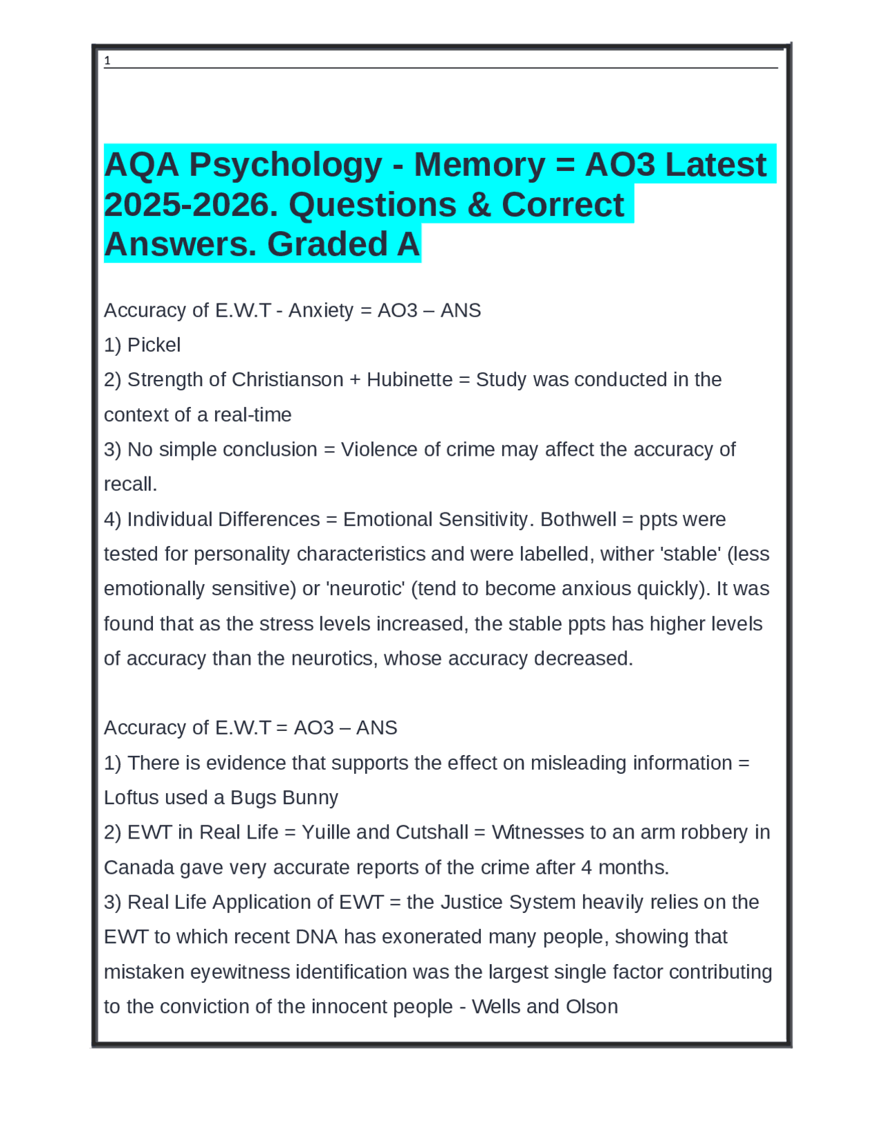 AQA Psychology - Memory: AO3 Latest 2025-2026 - Questions & Answers ...