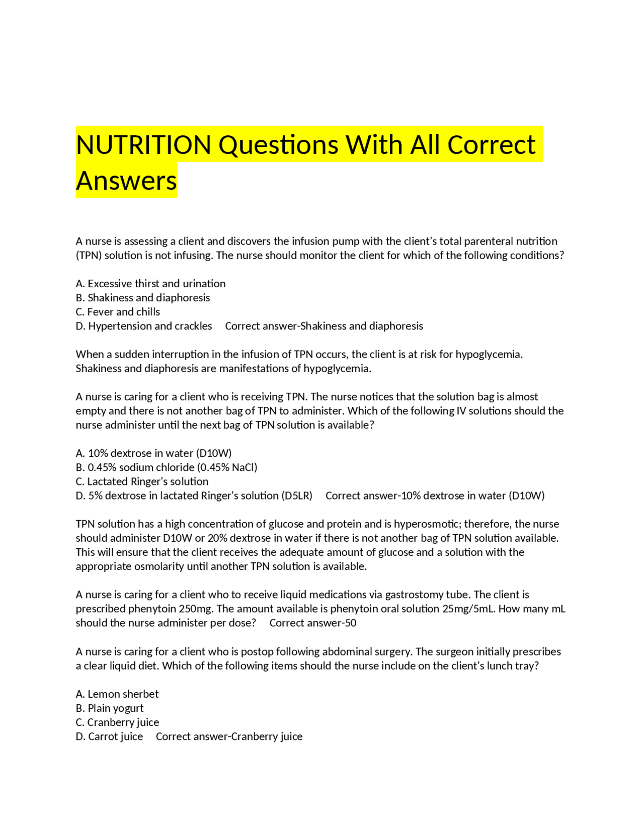 NUTRITION Questions With All Correct Answers | Exams Nutrition | Docsity