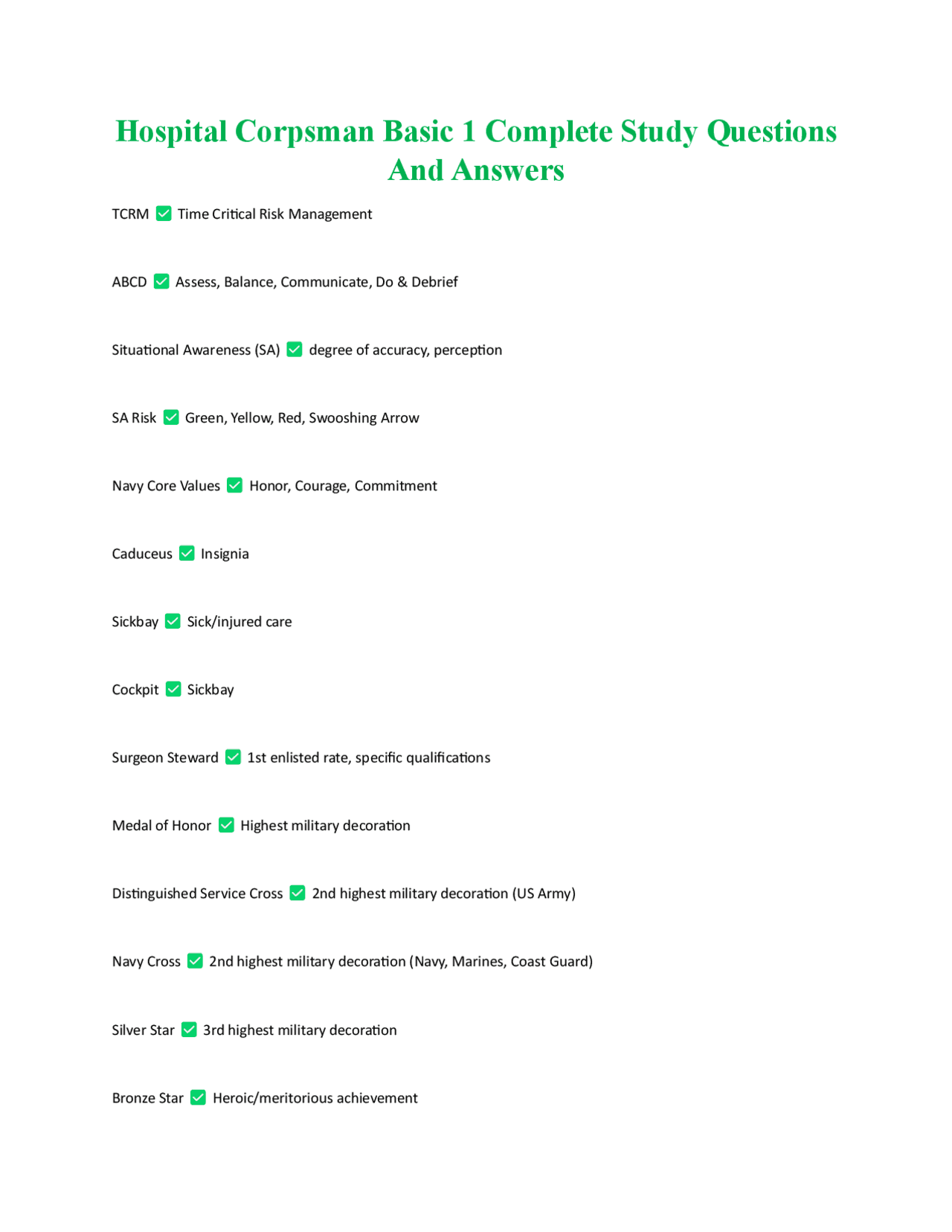 Hospital Corpsman Basic 1 Study Guide: Complete Questions and Answers ...