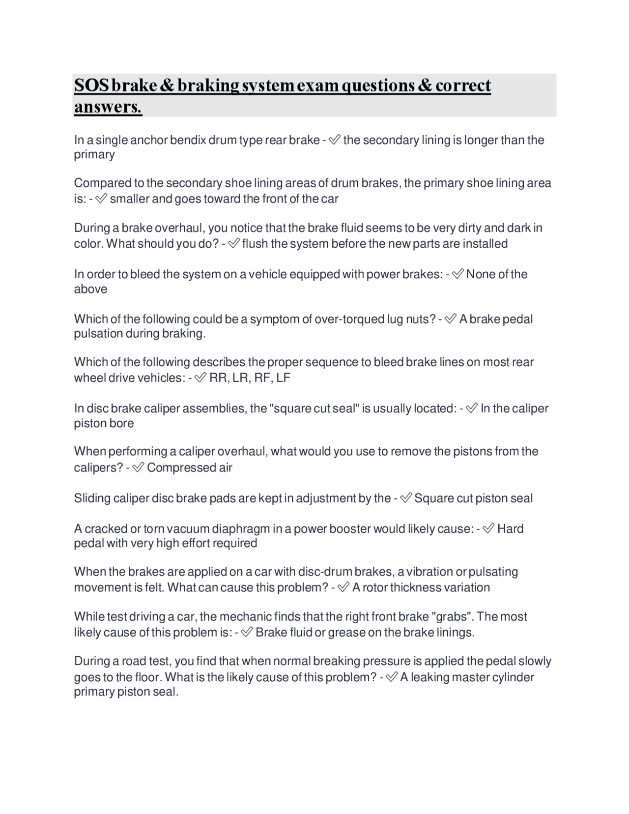 Automotive Braking Systems Exam Questions and Answers | Exams ...