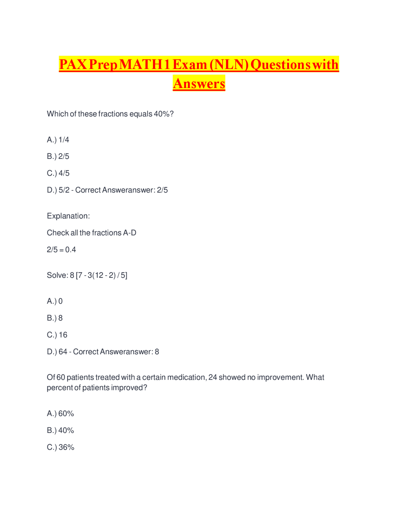PAX Prep MATH 1 Exam (NLN) Questions with Answers | Exams Mathematics ...