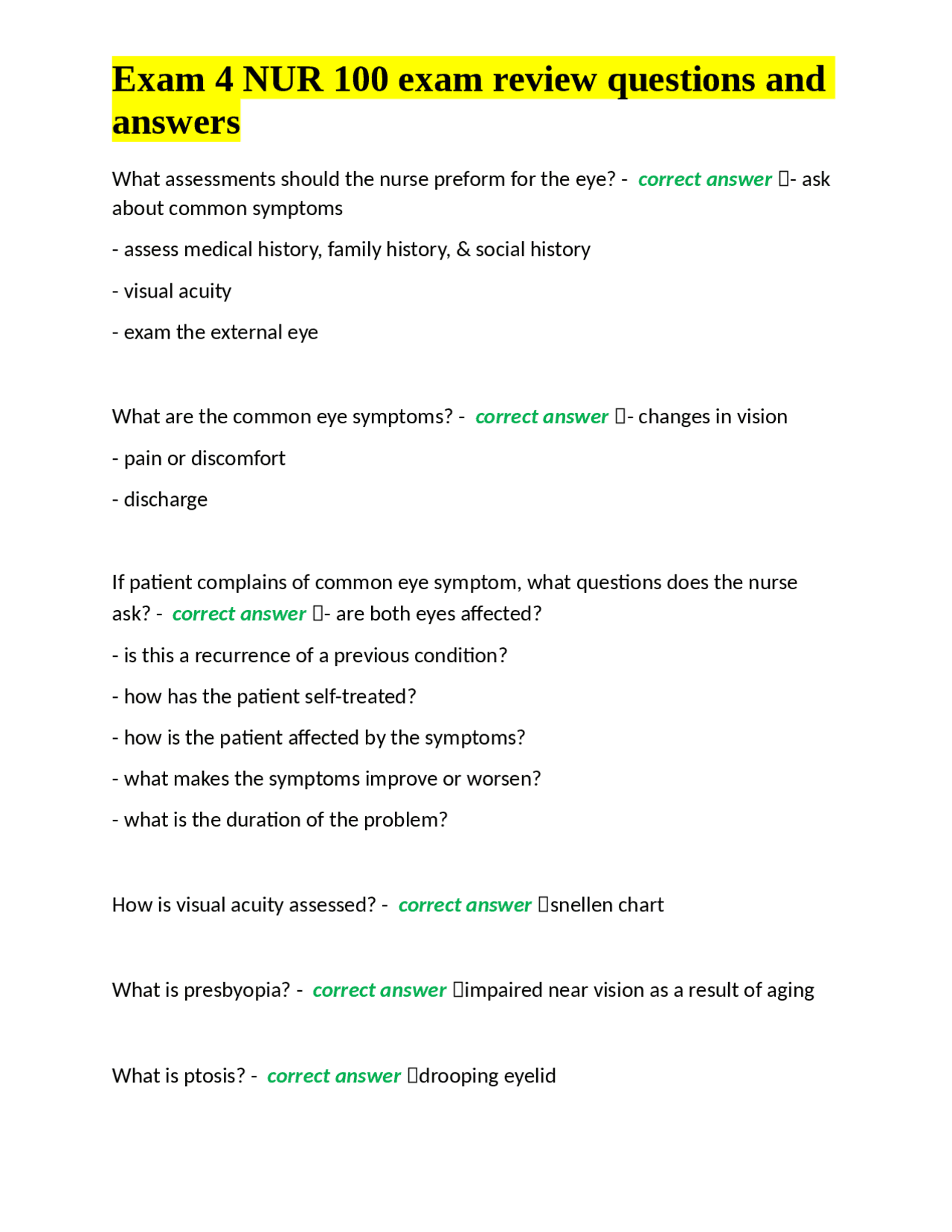 Exam 4 NUR 100 exam review questions and answers | Exams Nursing | Docsity