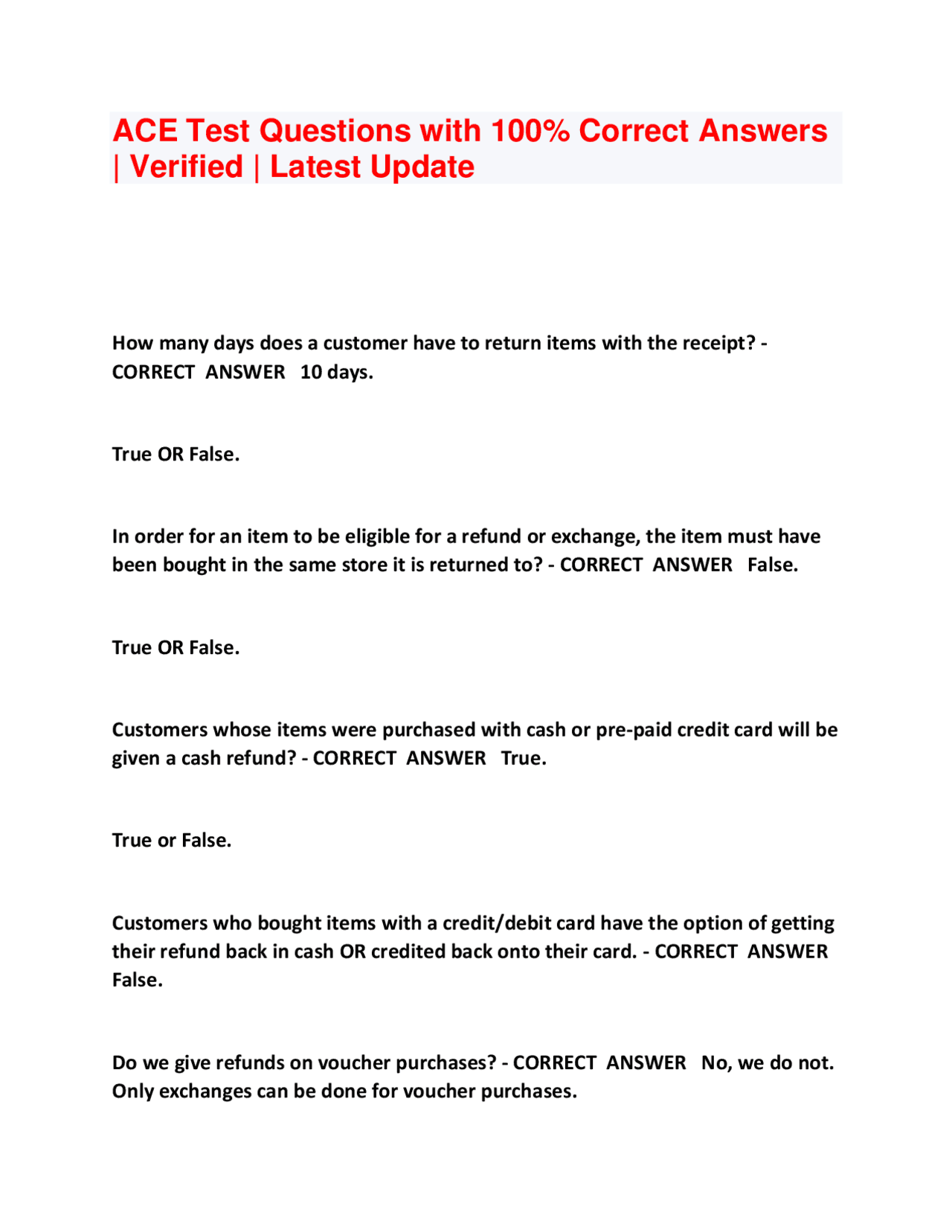 ACE Test Questions with 100% Correct Answers | Verified | Latest Update ...