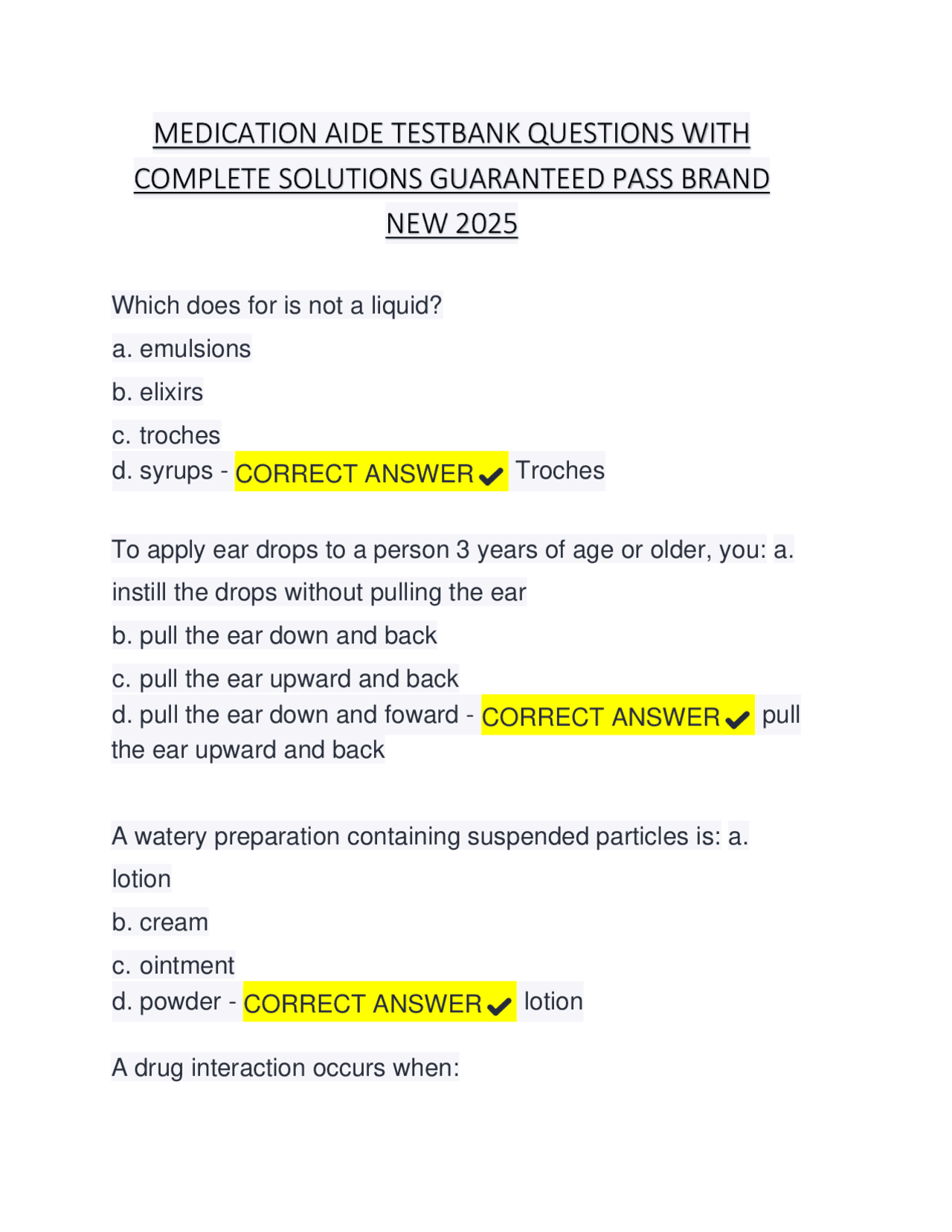 Medication Aide Testbank Questions with Complete Solutions | Exams ...
