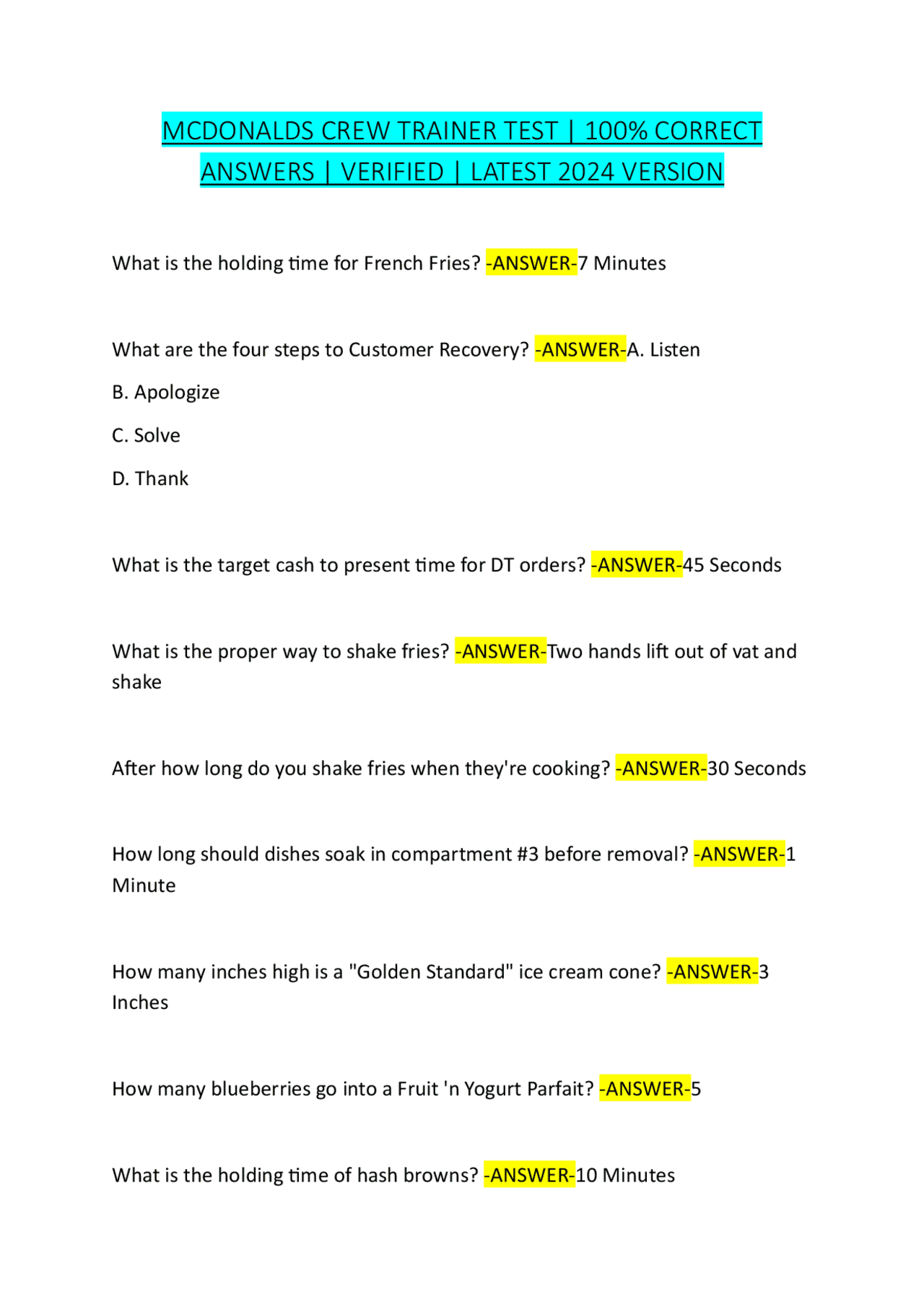 MCDONALDS CREW TRAINER TEST 100% CORRECT ANSWERS VERIFIED LATEST 2024 VERSION | Exams Nursing ...