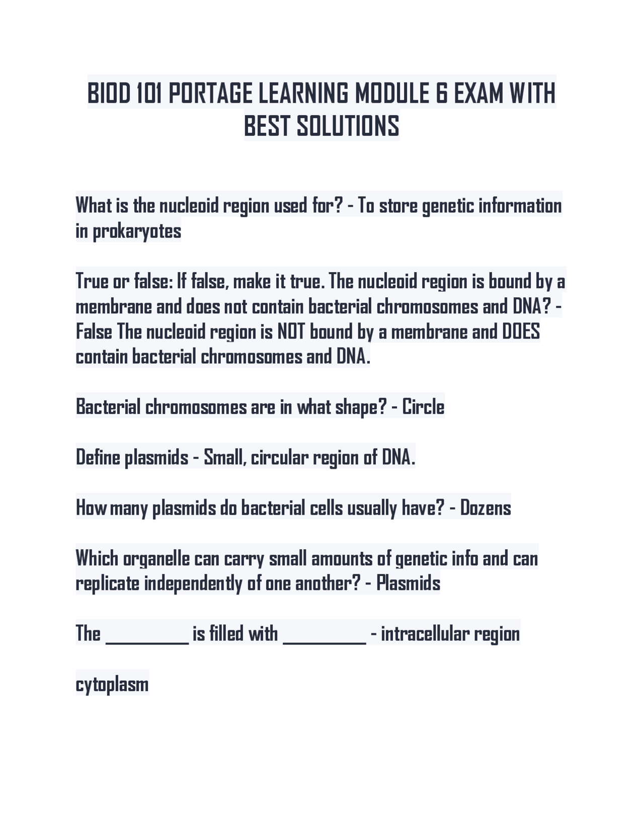 BIOD 101 PORTAGE LEARNING MODULE 6 EXAM WITH BEST SOLUTIONS | Exams ...