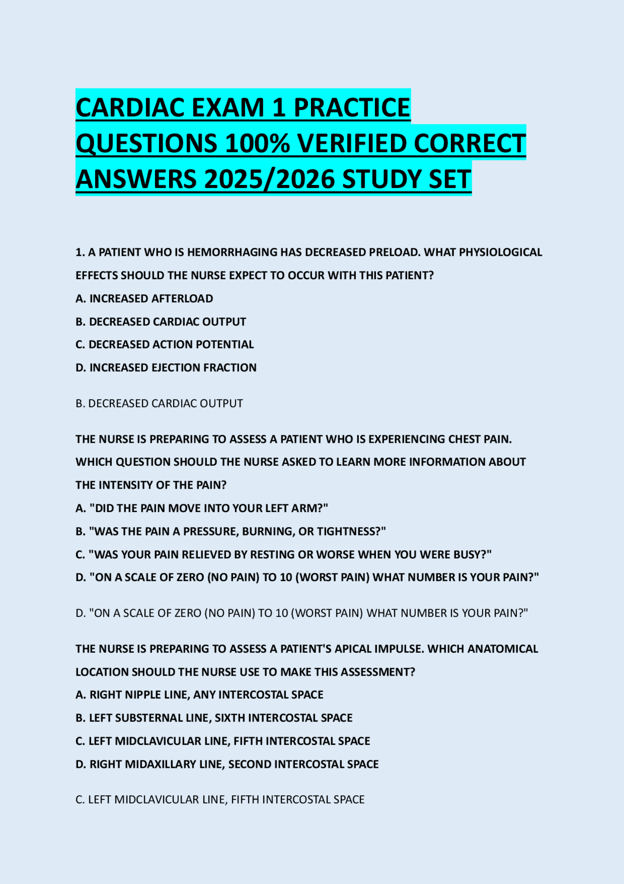 CARDIAC EXAM 1 PRACTICE QUESTIONS 100% VERIFIED CORRECT ANSWERS 2025/ ...