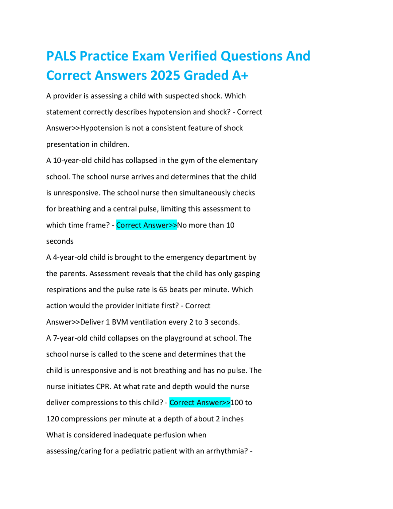 PALS Practice Exam Verified Questions And Correct Answers 2025 Graded ...
