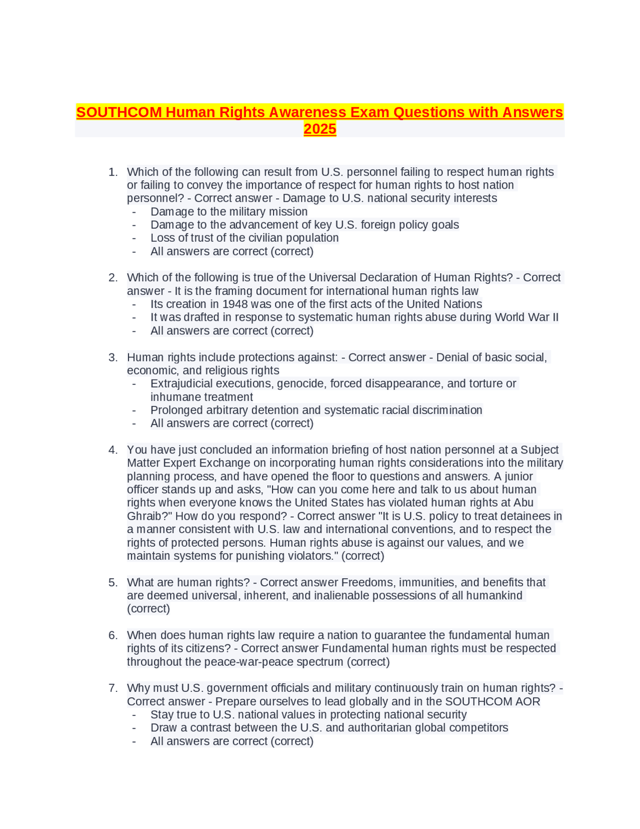 Human Rights Awareness Answers SOUTHCOM Human Rights Awareness Exam Questions with Answers 2025 ...
