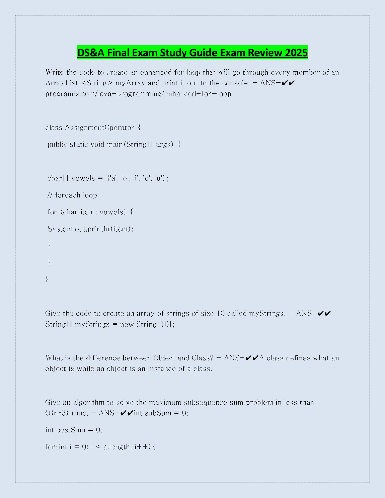 DS&A Final Exam Study Guide: Java Programming Concepts and Algorithms ...