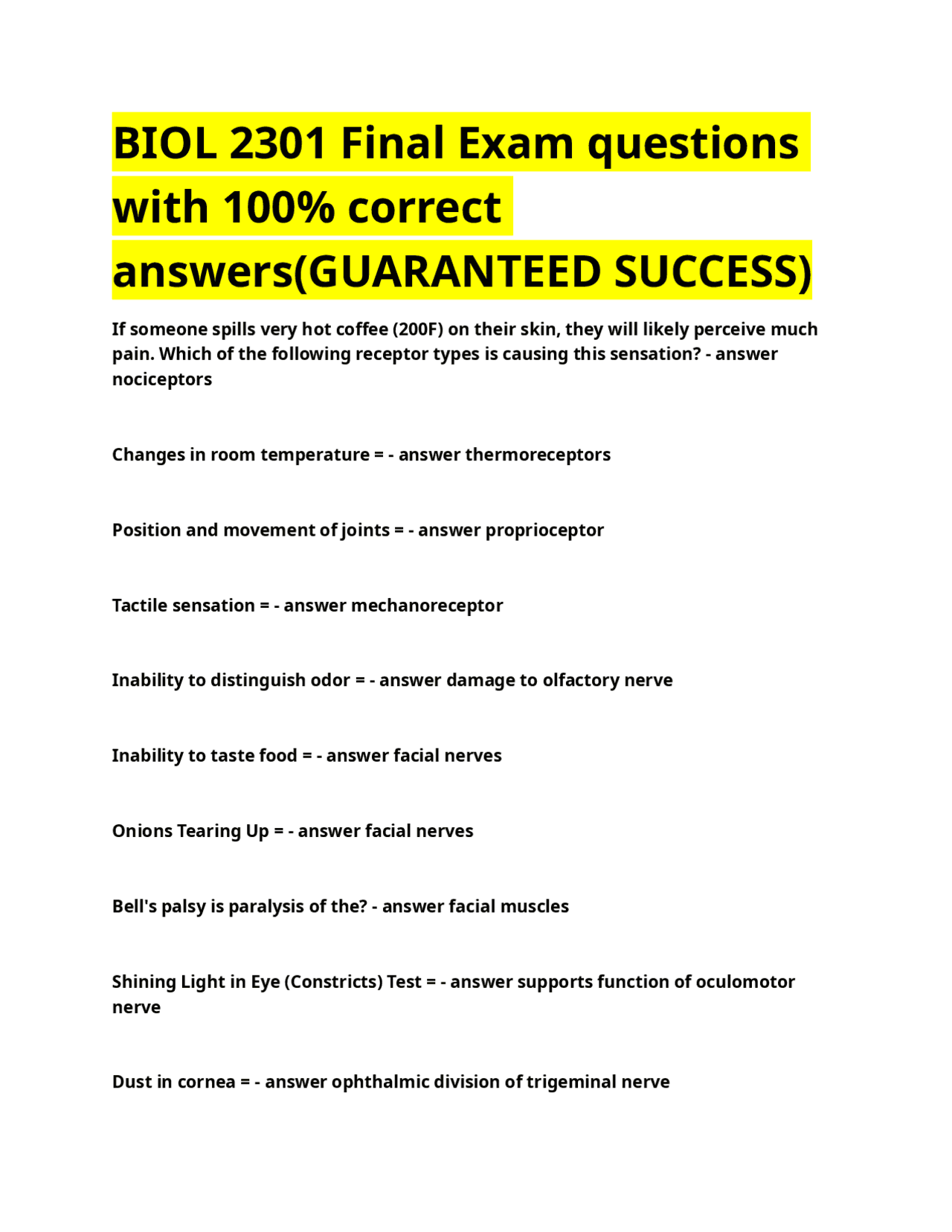 BIOL 2301 Final Exam questions with 100% correct answers(GUARANTEED ...