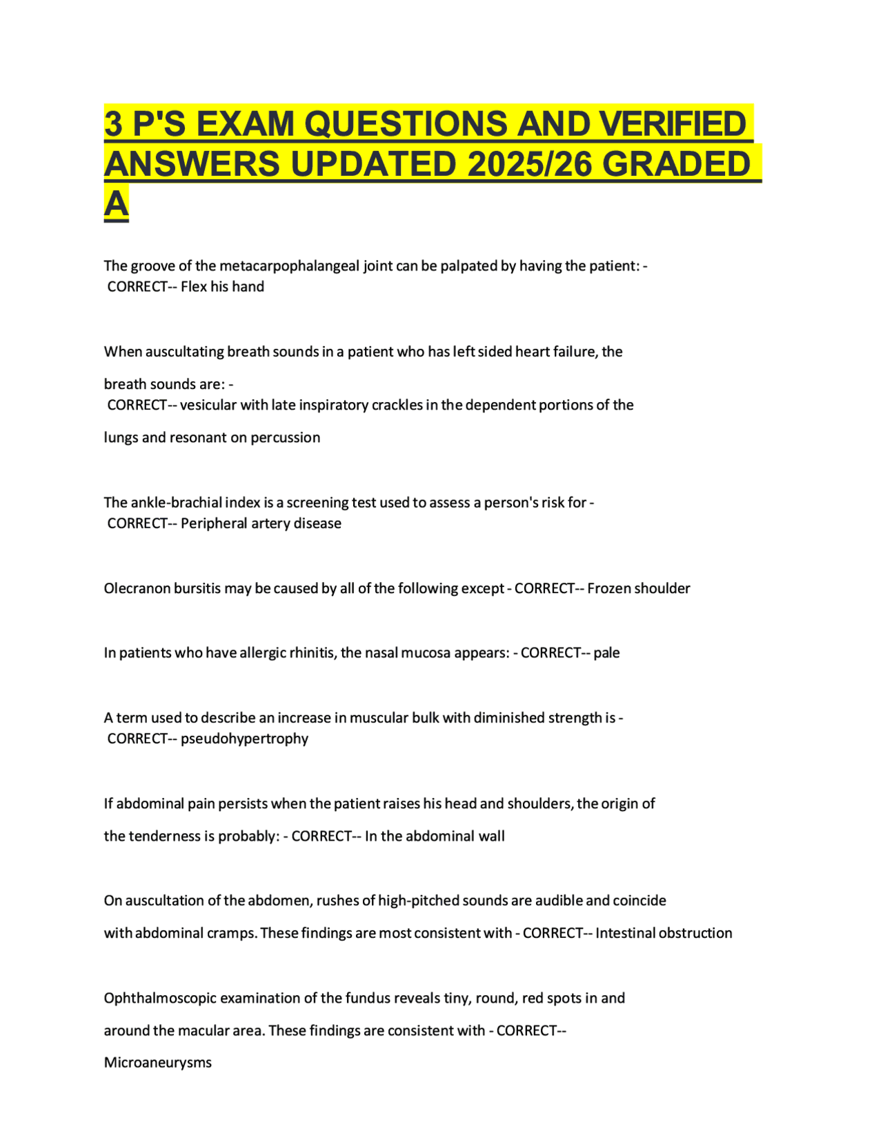 3 P'S EXAM QUESTIONS AND VERIFIED ANSWERS UPDATED 2025/26 GRADED A | Exams Nursing | Docsity
