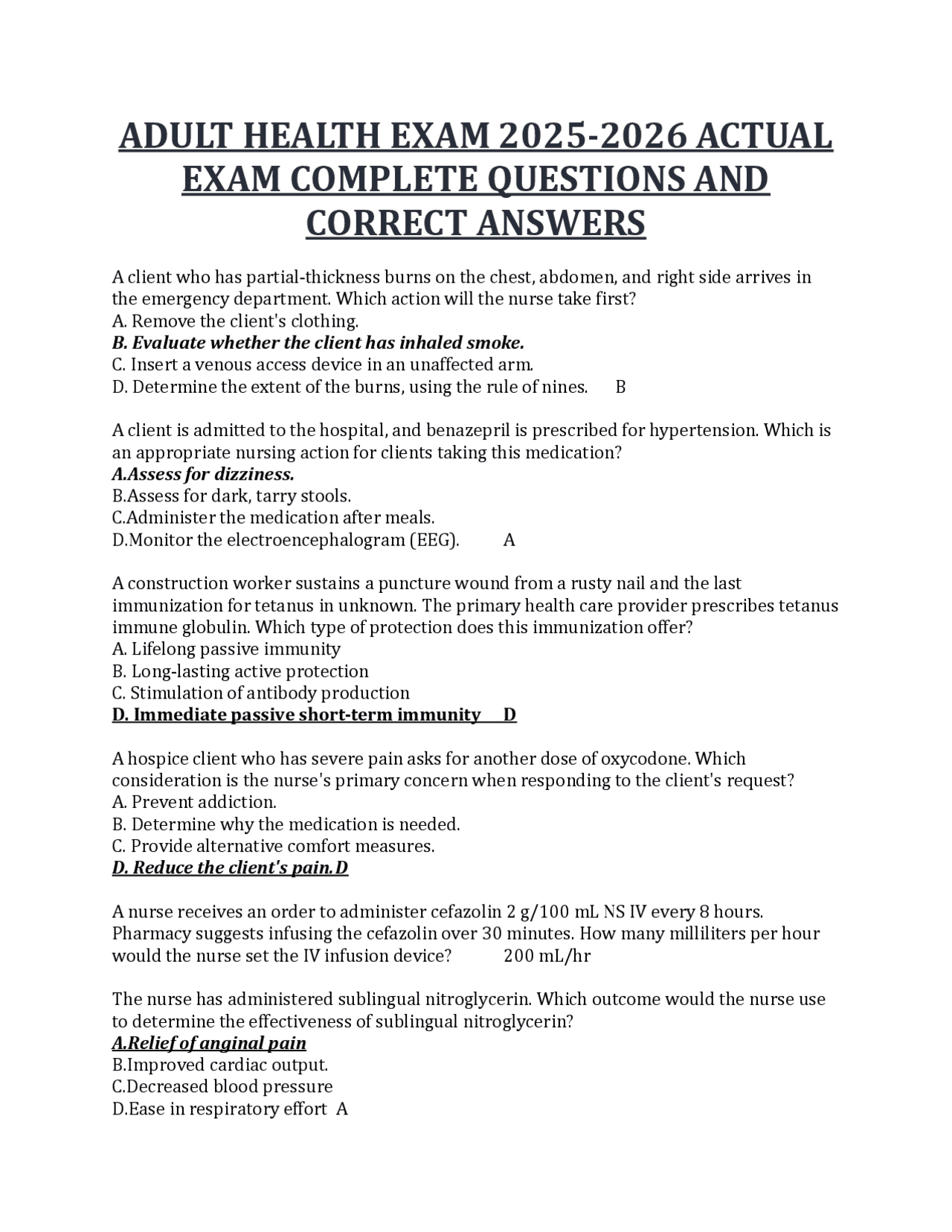 Adult Health Exam 2025-2026: Complete Questions and Answers | Exams ...