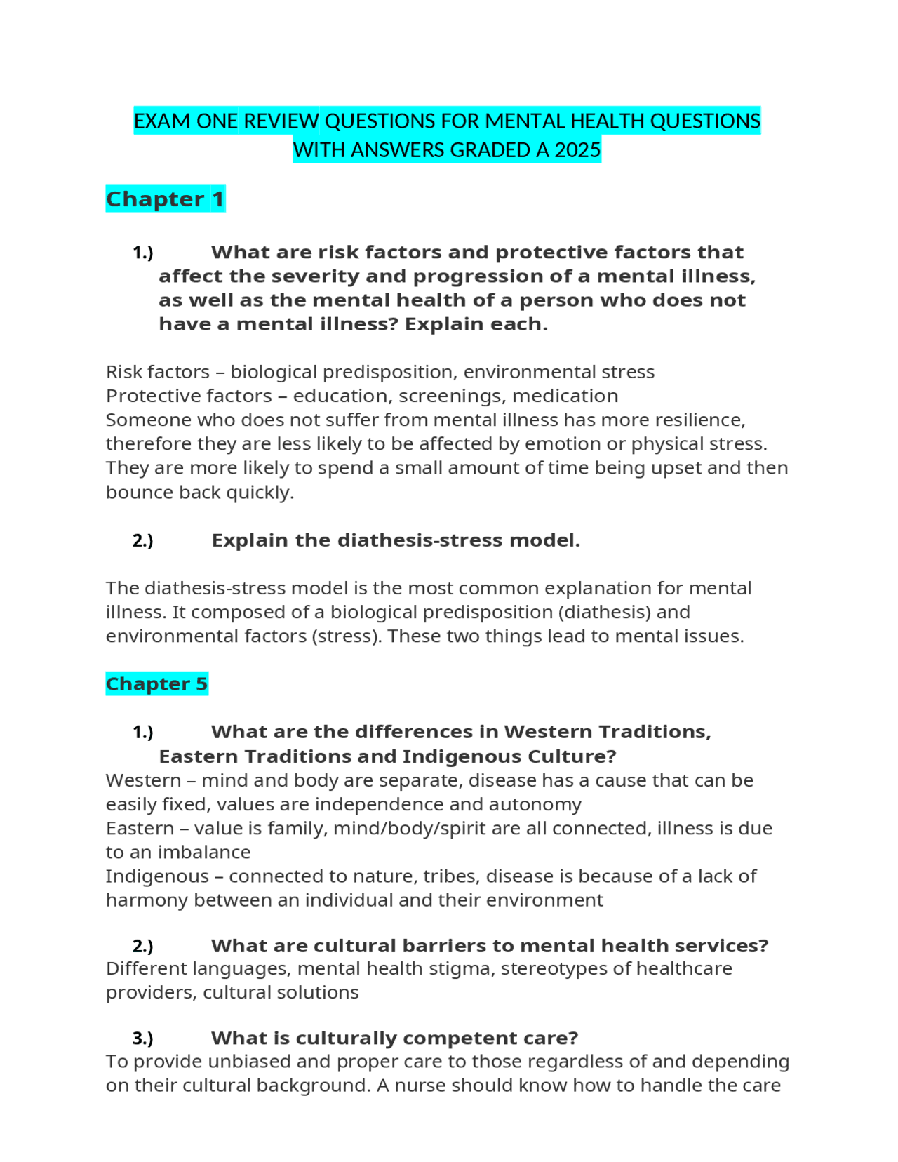 Mental Health Exam Review Questions and Answers | Exams Nursing | Docsity