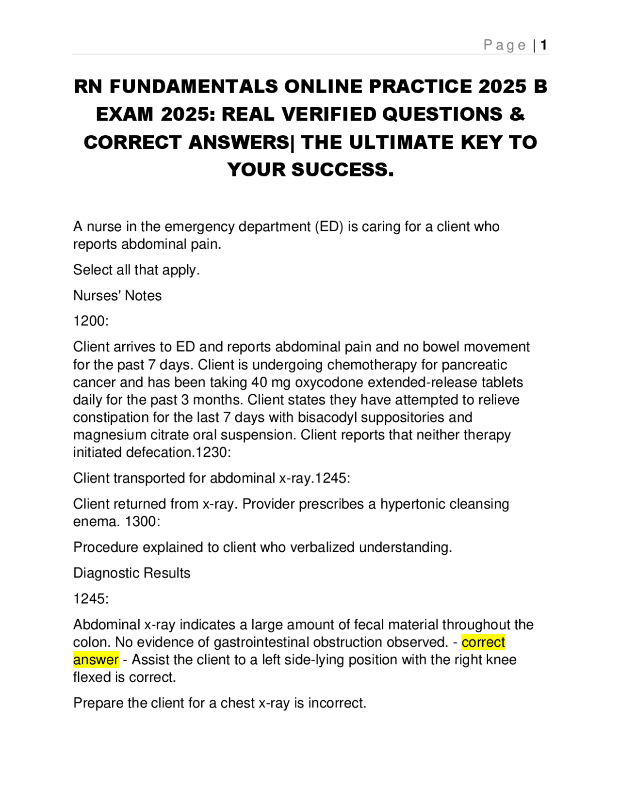 RN FUNDAMENTALS ONLINE PRACTICE 2025 B EXAM 2025. | Exams Nursing | Docsity