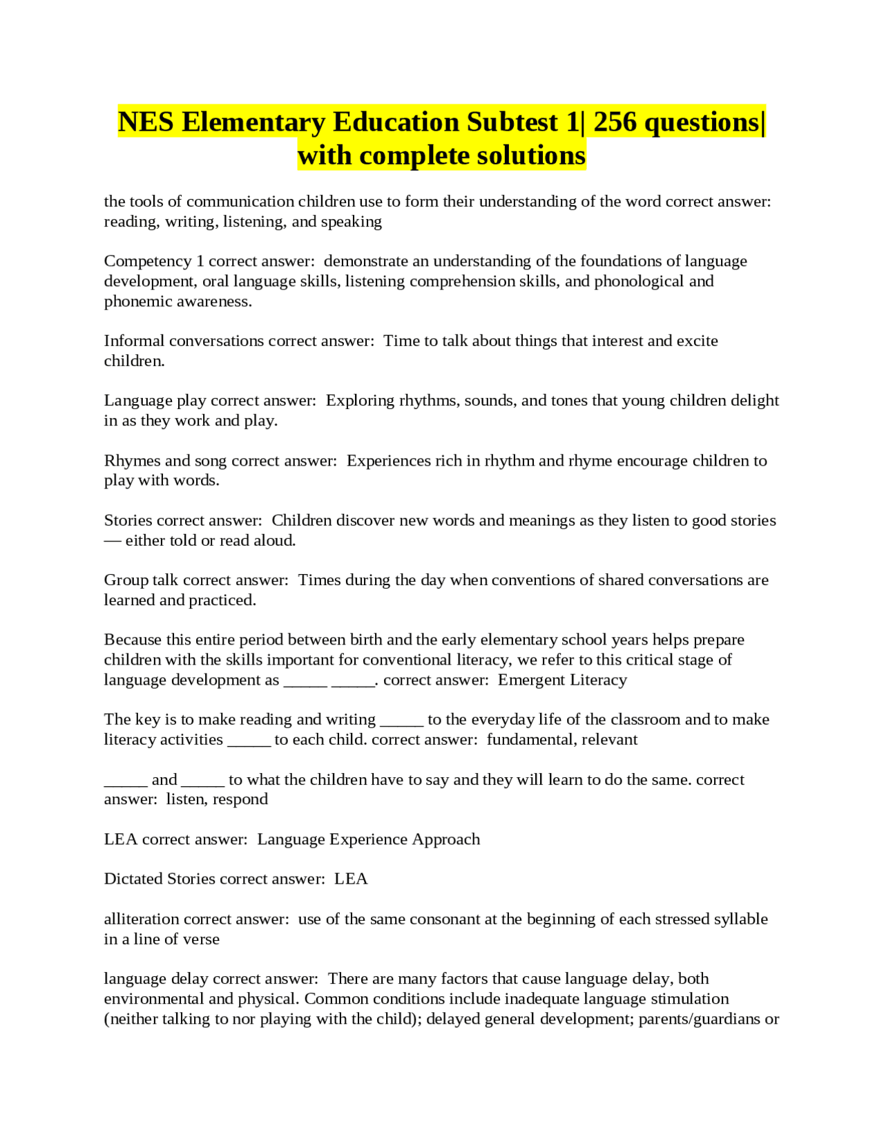 NES Elementary Education Subtest 1: Language Development and Literacy ...