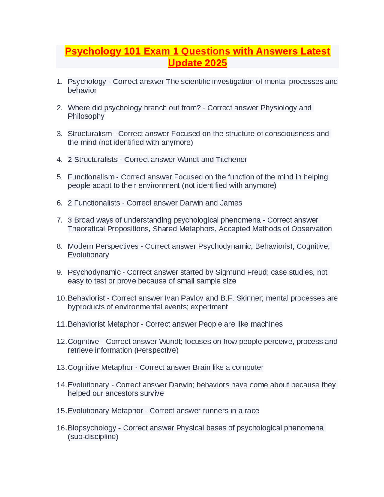 Psychology 101 Exam 1 Questions with Answers Latest Update 2025 | Exams ...