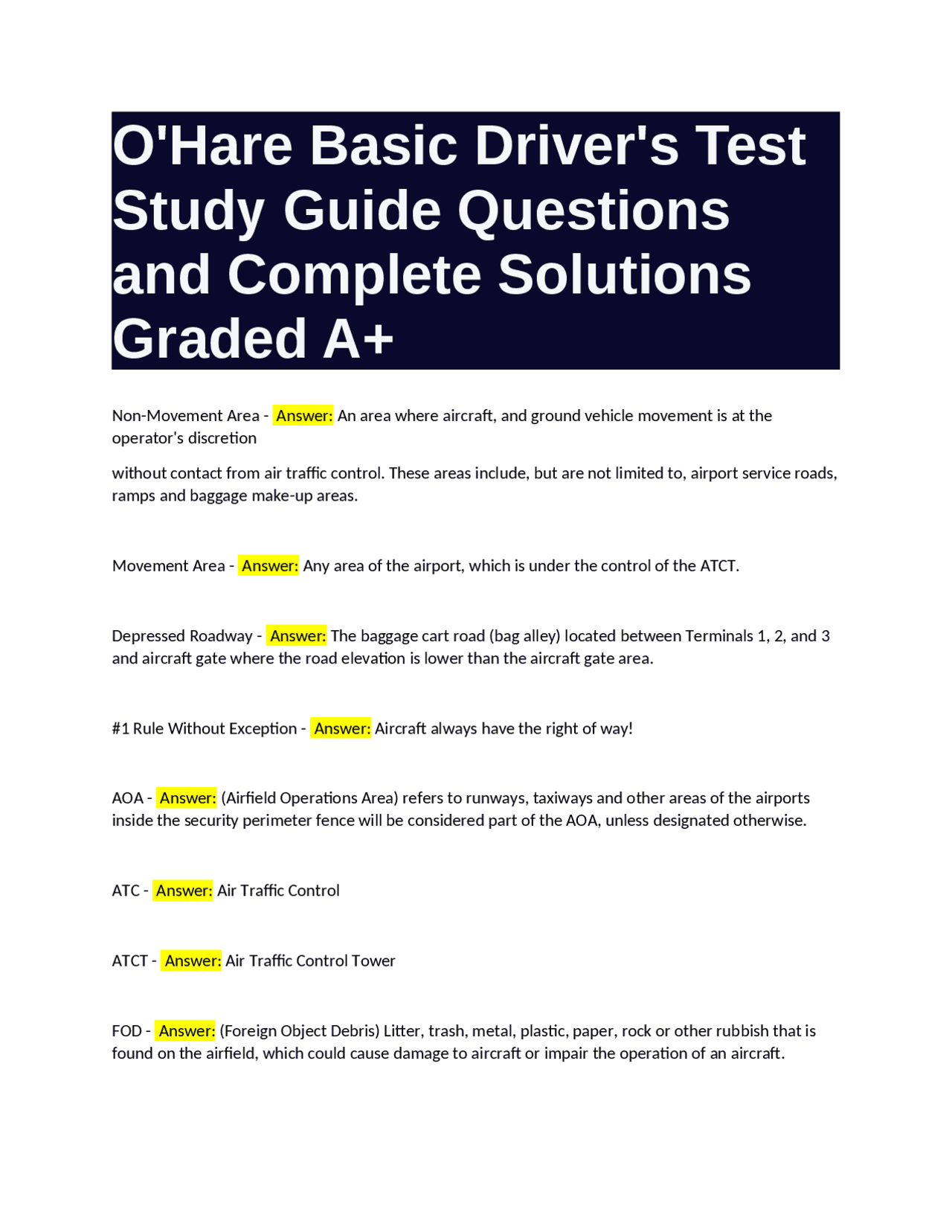 O'Hare Basic Driver's Test Study Guide Questions and Complete Solutions ...